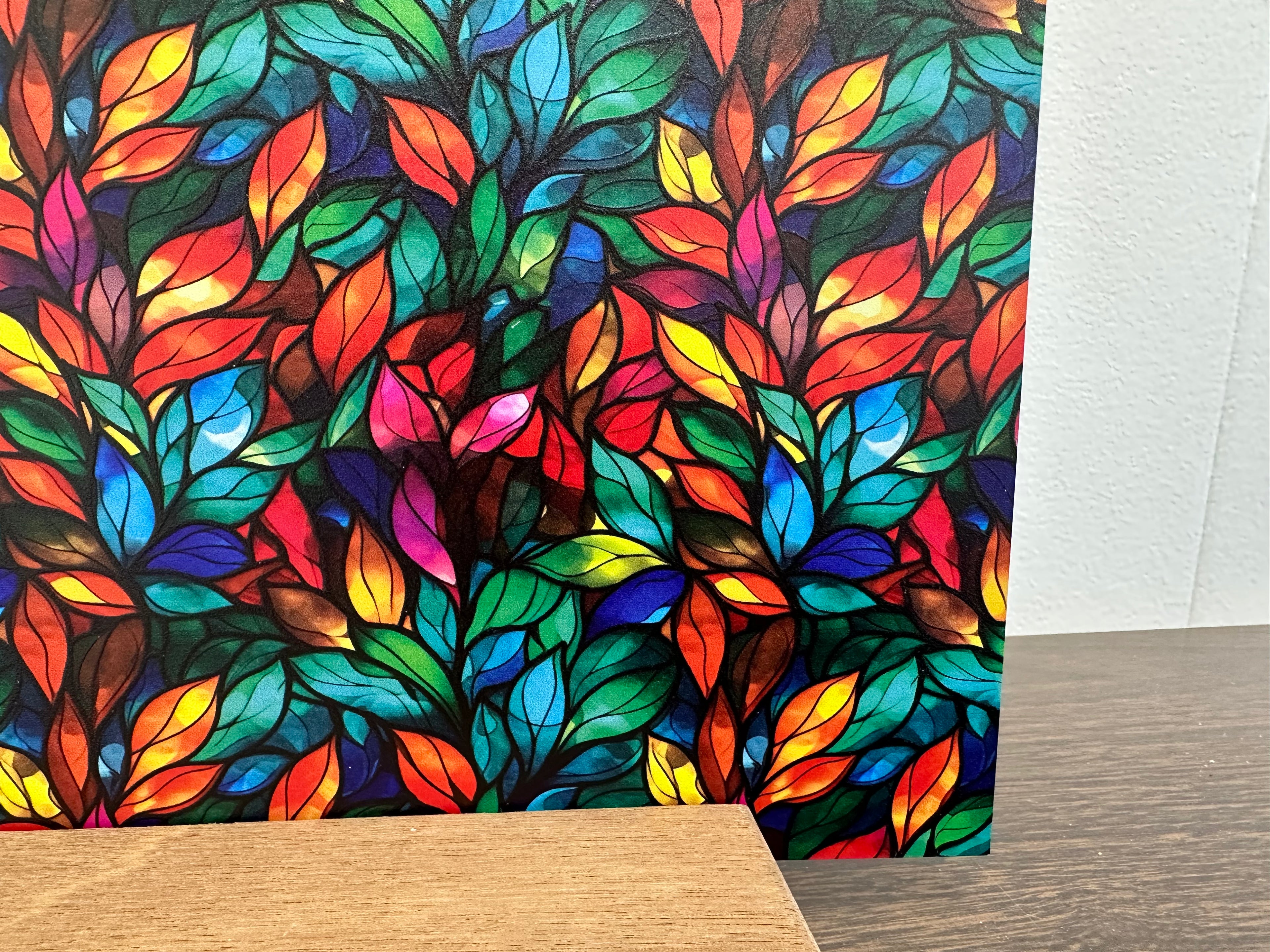 PatternPly® Full Coverage Rainbow Stained Glass Leaves sheet showing the pattern