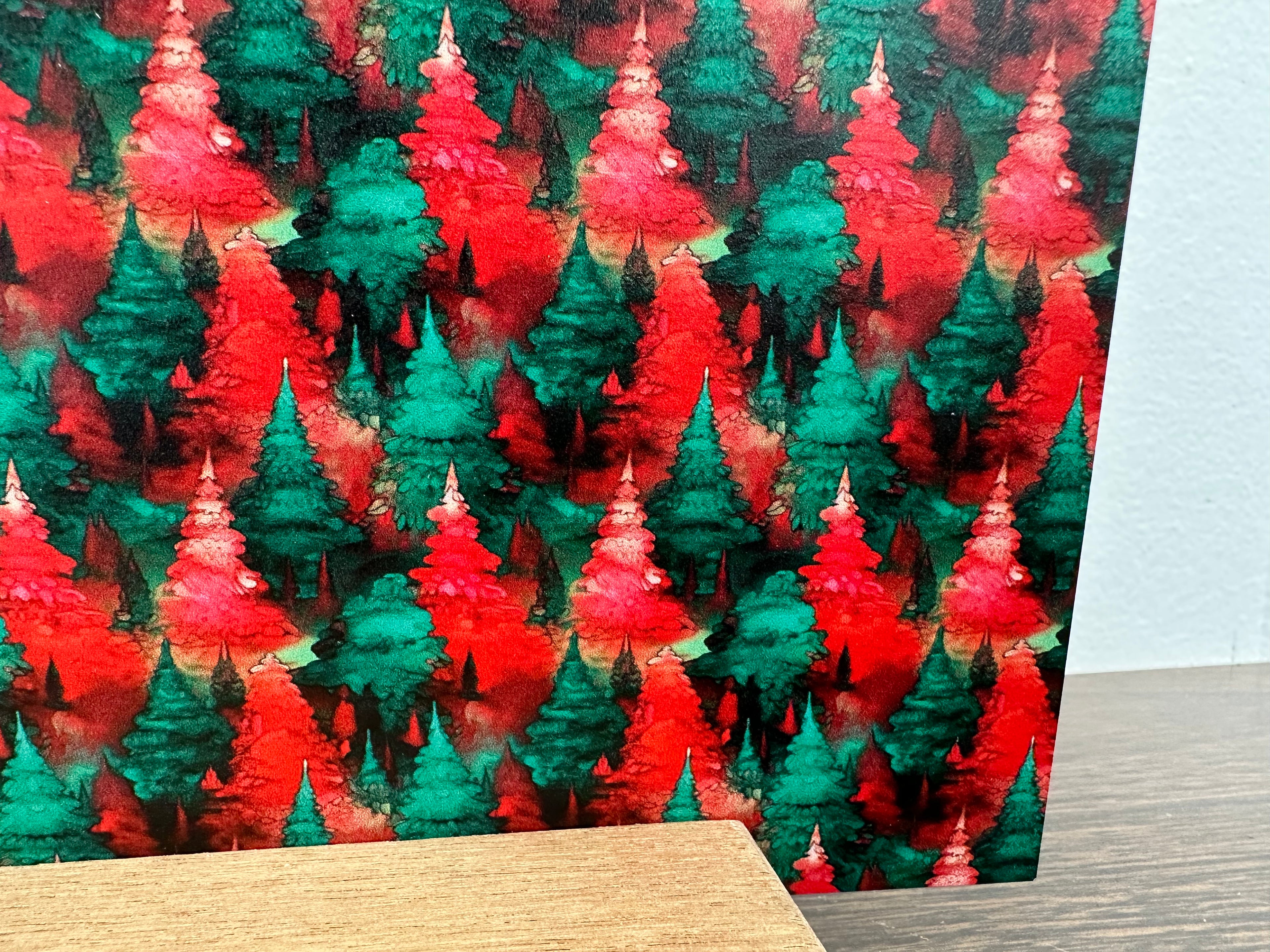 PatternPly® Full Coverage Red and Green Watercolor Trees sheet showing the pattern