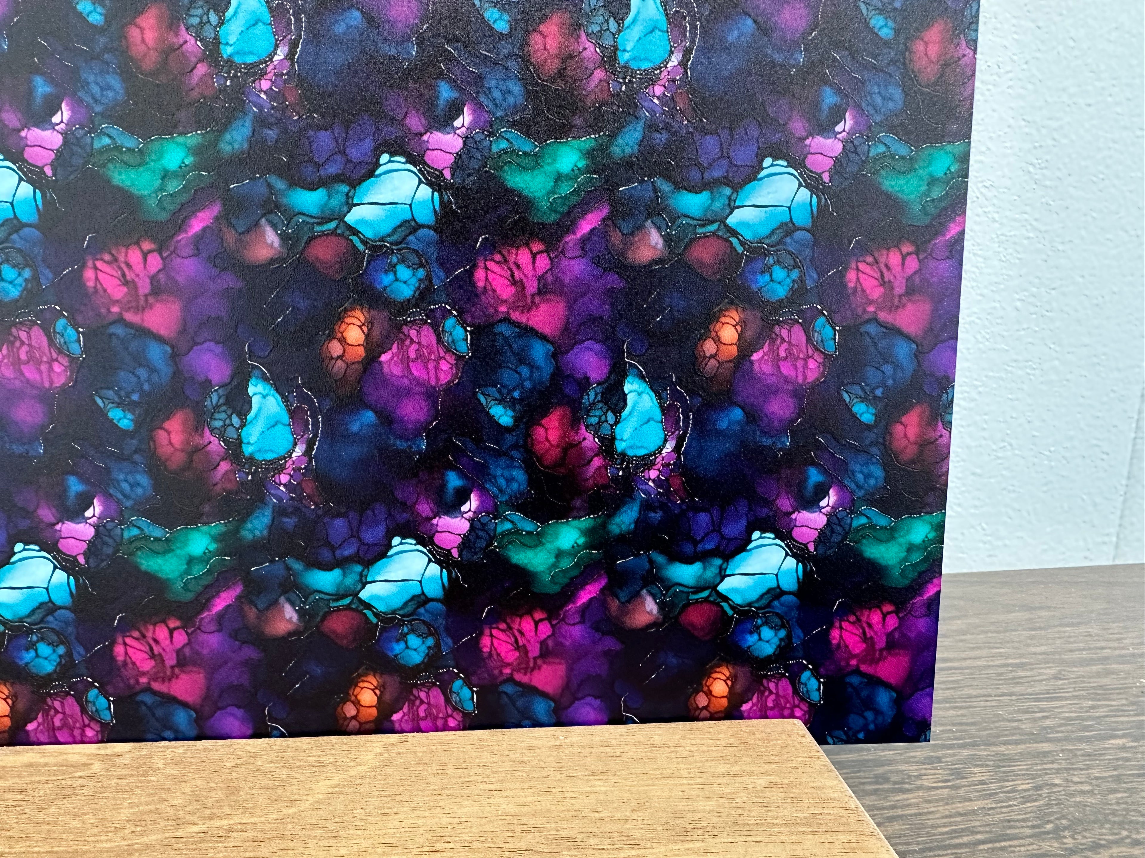 PatternPly® Full Coverage Blue, Teal, and Purple Alcohol Ink sheet showing the pattern