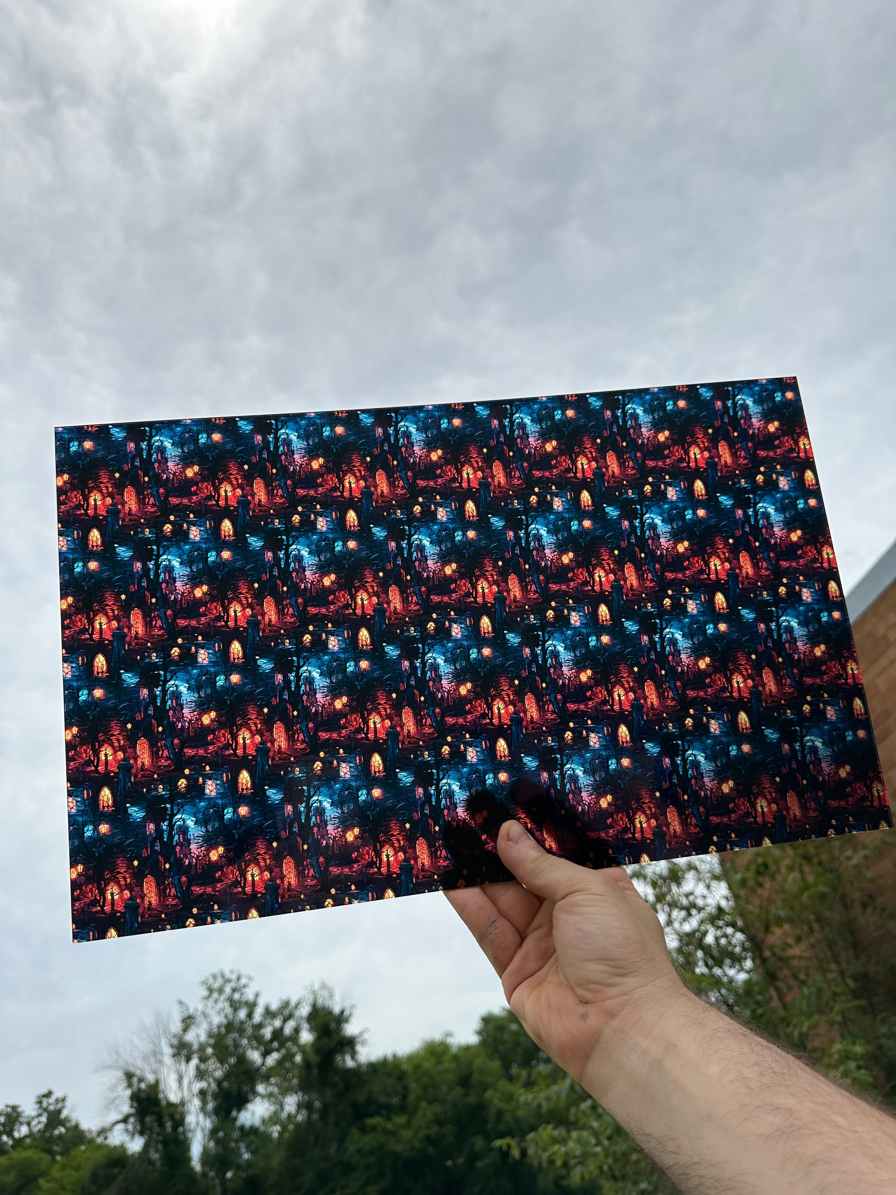 PatternPly® Transparent Post Apocalyptic Stained Glass sheet showing the pattern