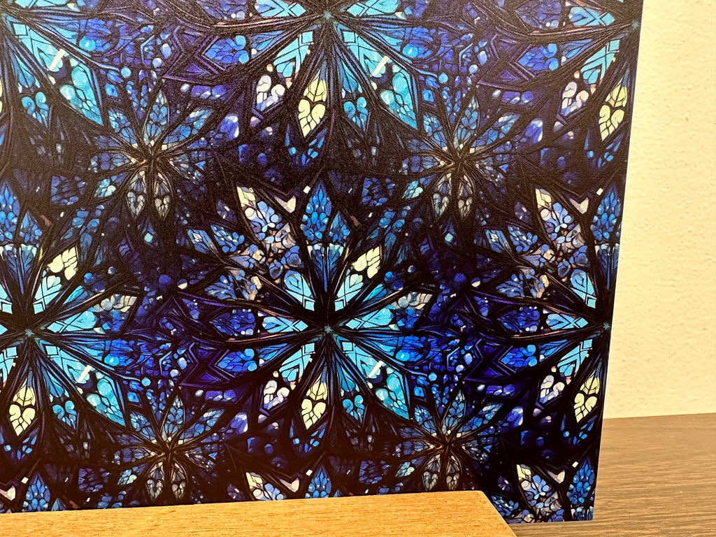 PatternPly® Full Coverage Blue Stained Glass Snowflakes sheet showing the pattern