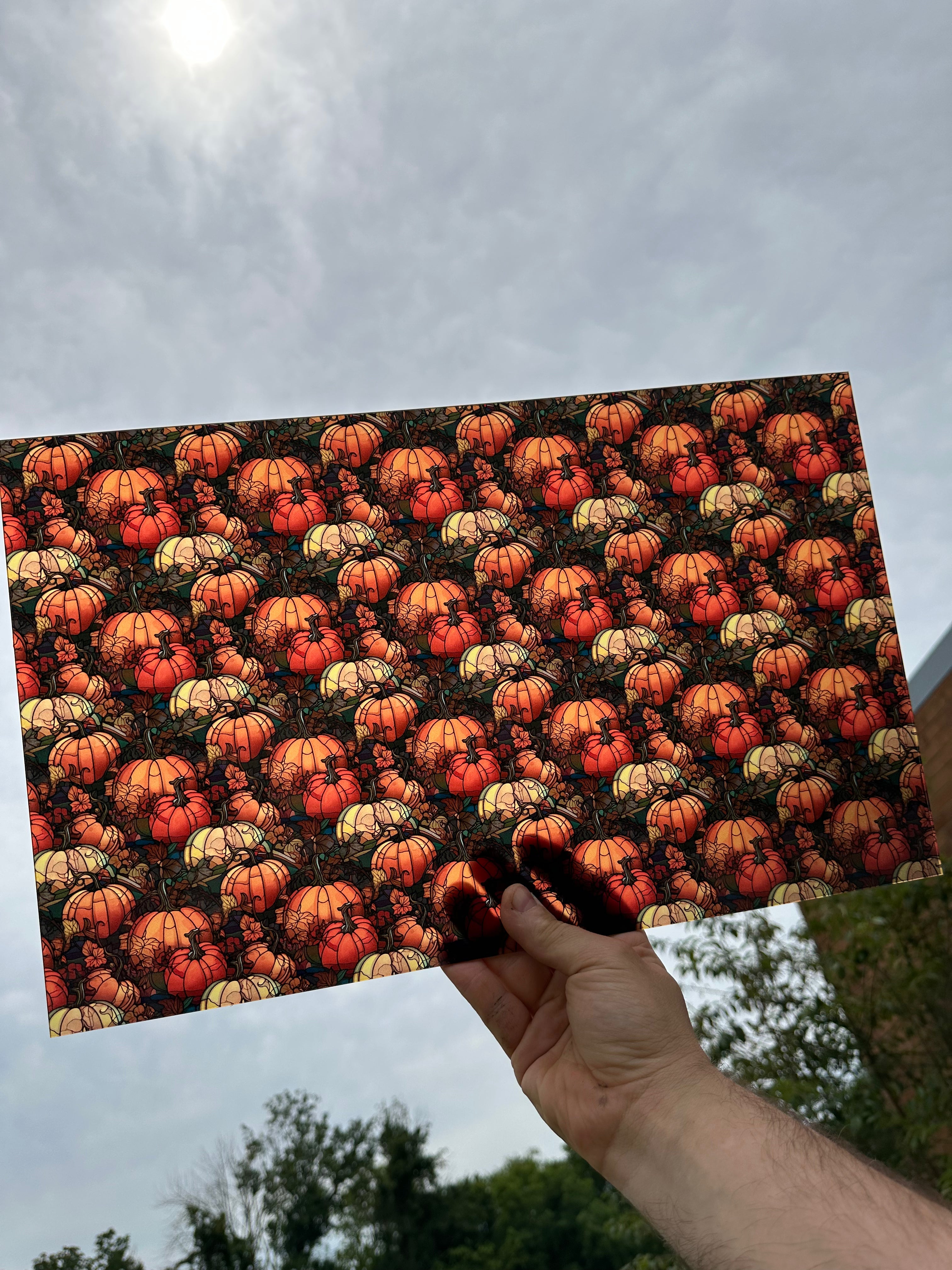 PatternPly® Transparent Stained Glass Pumpkin Patch sheet showing the pattern