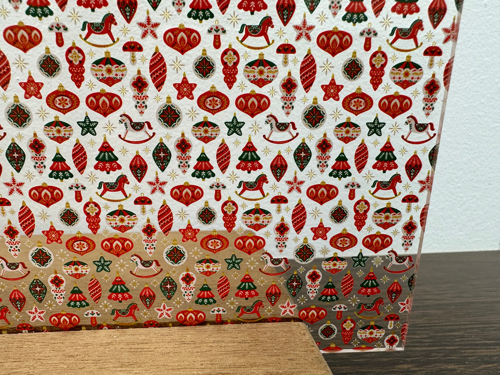 PatternPly® Scattered Red, White, and Green Ornaments sheet showing the pattern