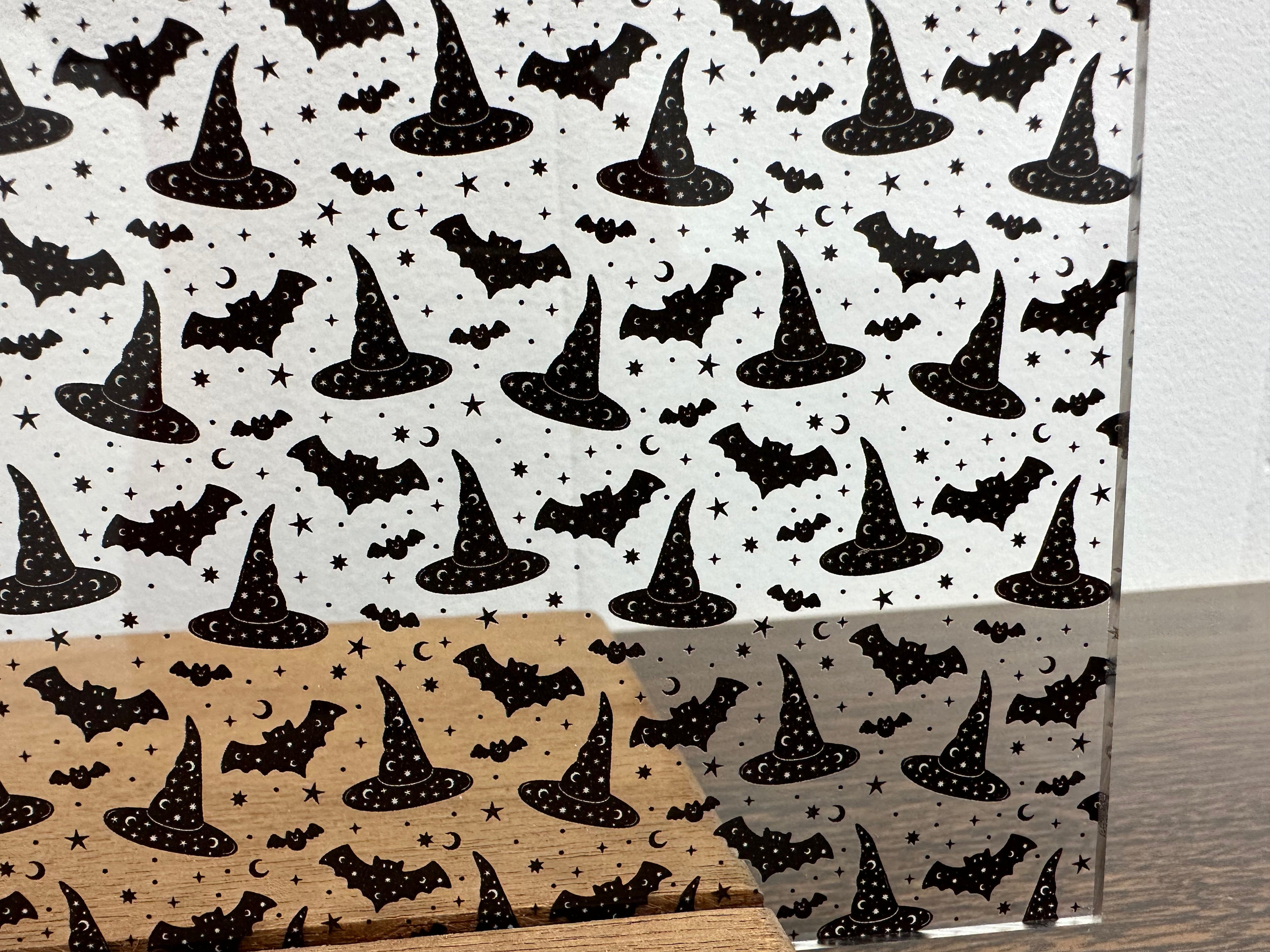 PatternPly® Scattered Witch Hats and Bats sheet showing the pattern