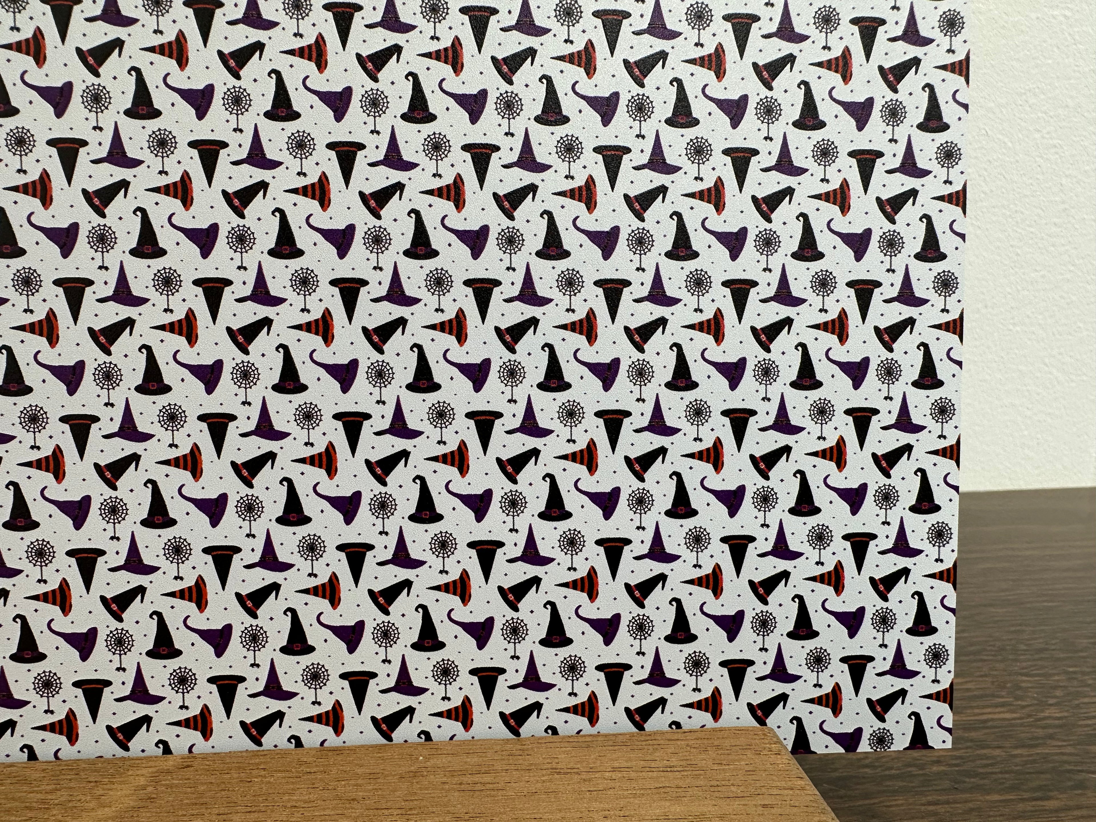 PatternPly® Full Coverage Witch Hats and Spiders sheet showing the pattern