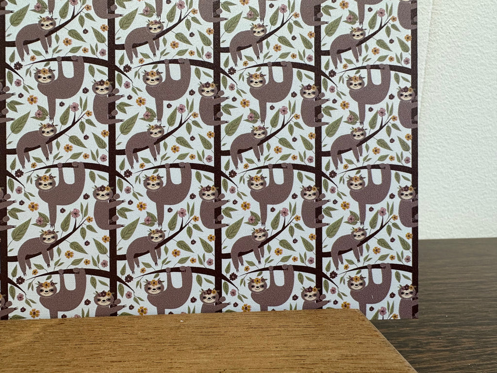 PatternPly® Full Coverage Sloths and Trees sheet showing the pattern