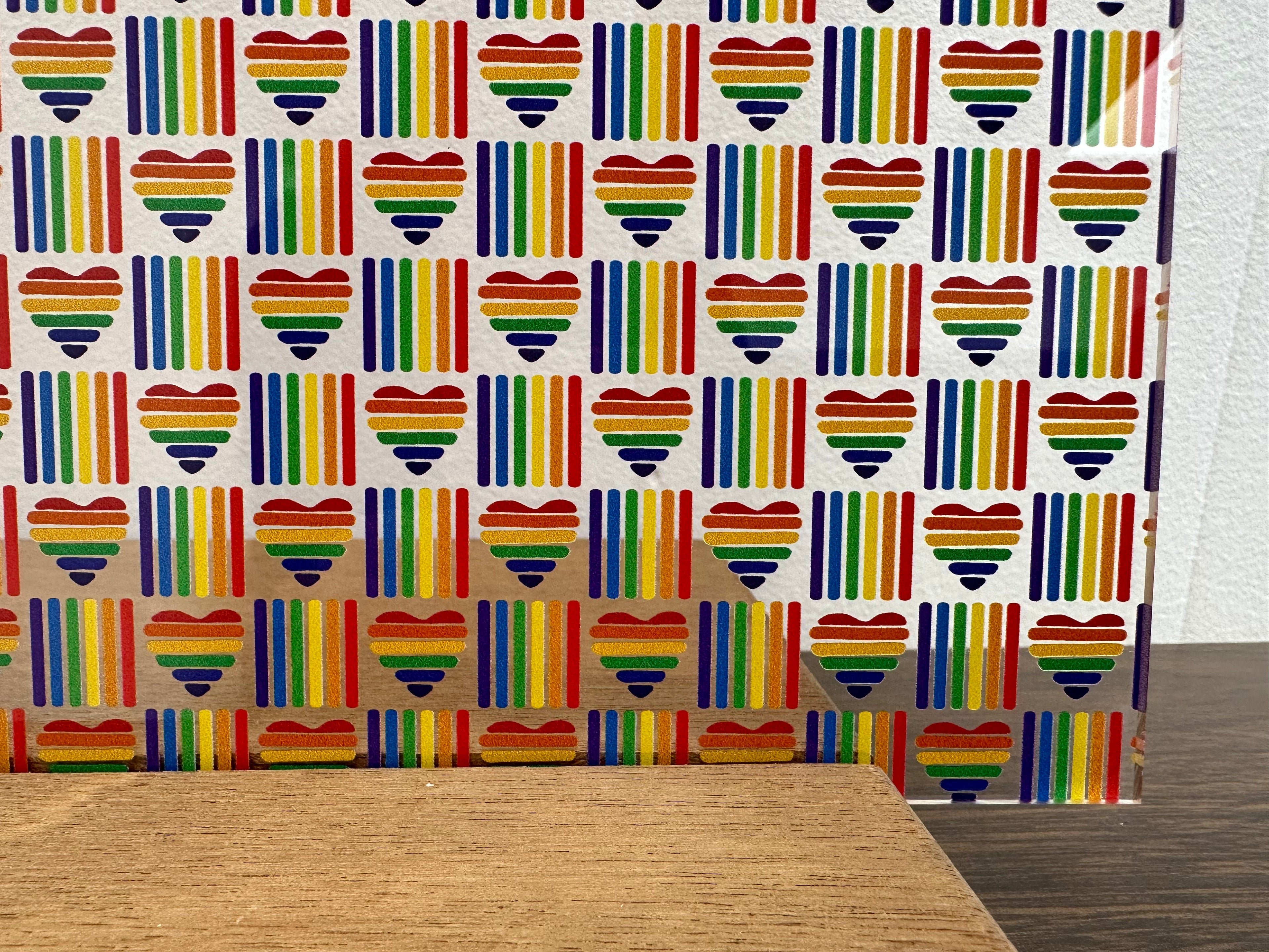 PatternPly® Scattered Rainbow Stripe Hearts and Boxes sheet showing the pattern