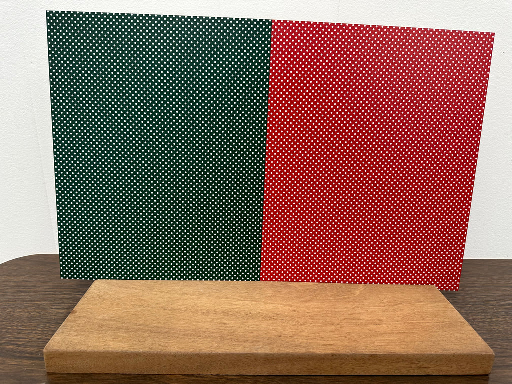 PatternPly® Full Coverage Red and Green Christmas Polka Dot Duo sheet showing the pattern