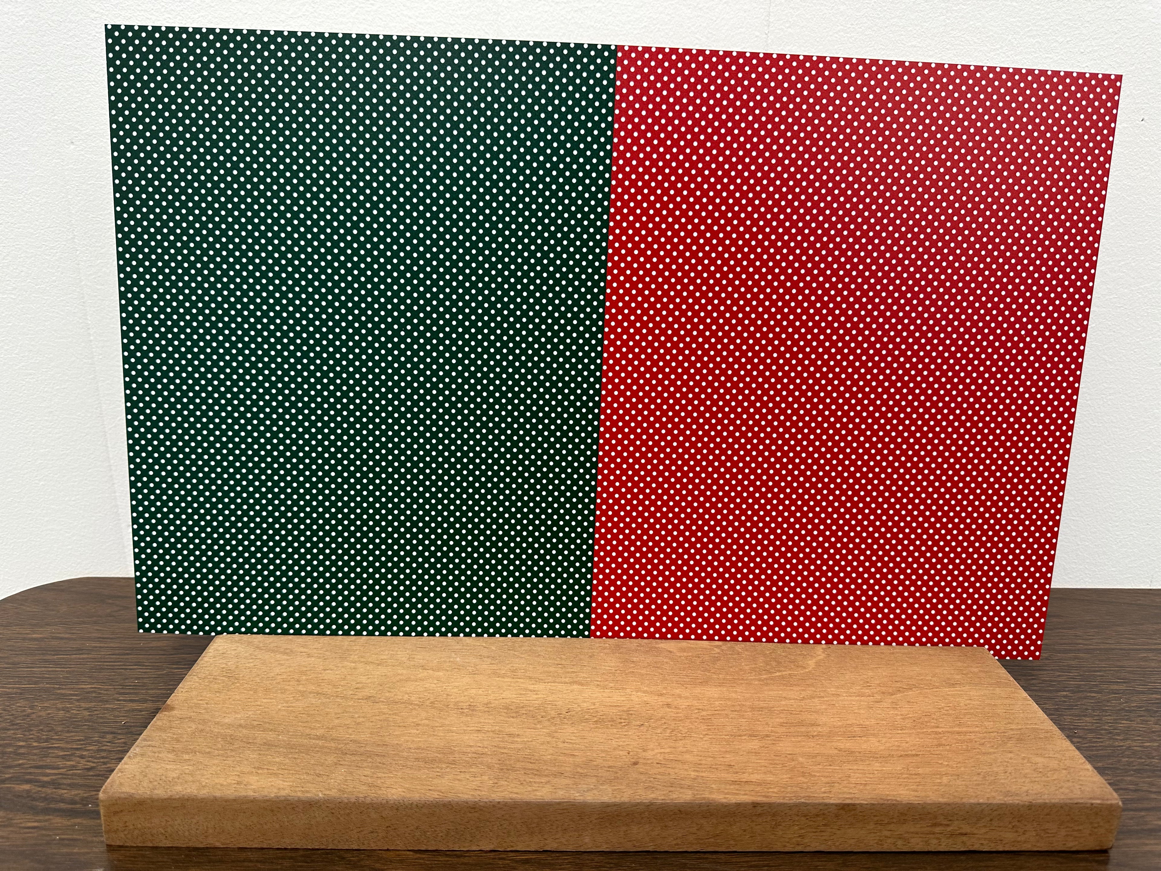 PatternPly® Full Coverage Red and Green Christmas Polka Dot Duo sheet showing the pattern
