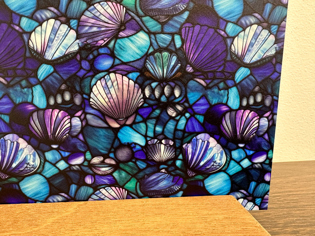 PatternPly® Full Coverage Stained Glass Seashells sheet showing the pattern