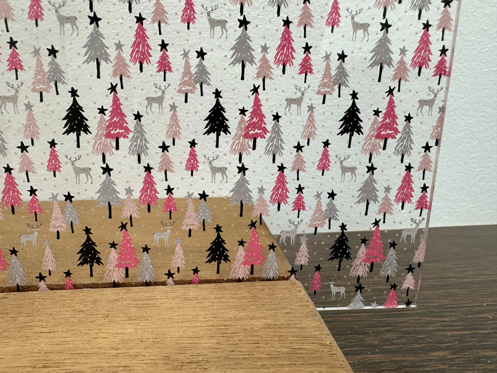 PatternPly® Scattered Pink and Gray Trees sheet showing the pattern