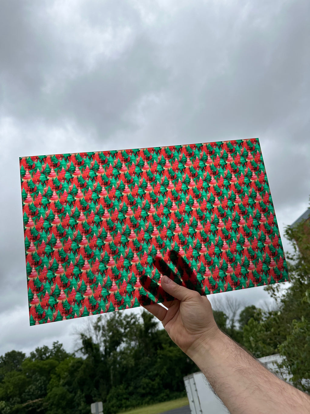 PatternPly® Transparent Red and Green Watercolor Trees sheet showing the pattern