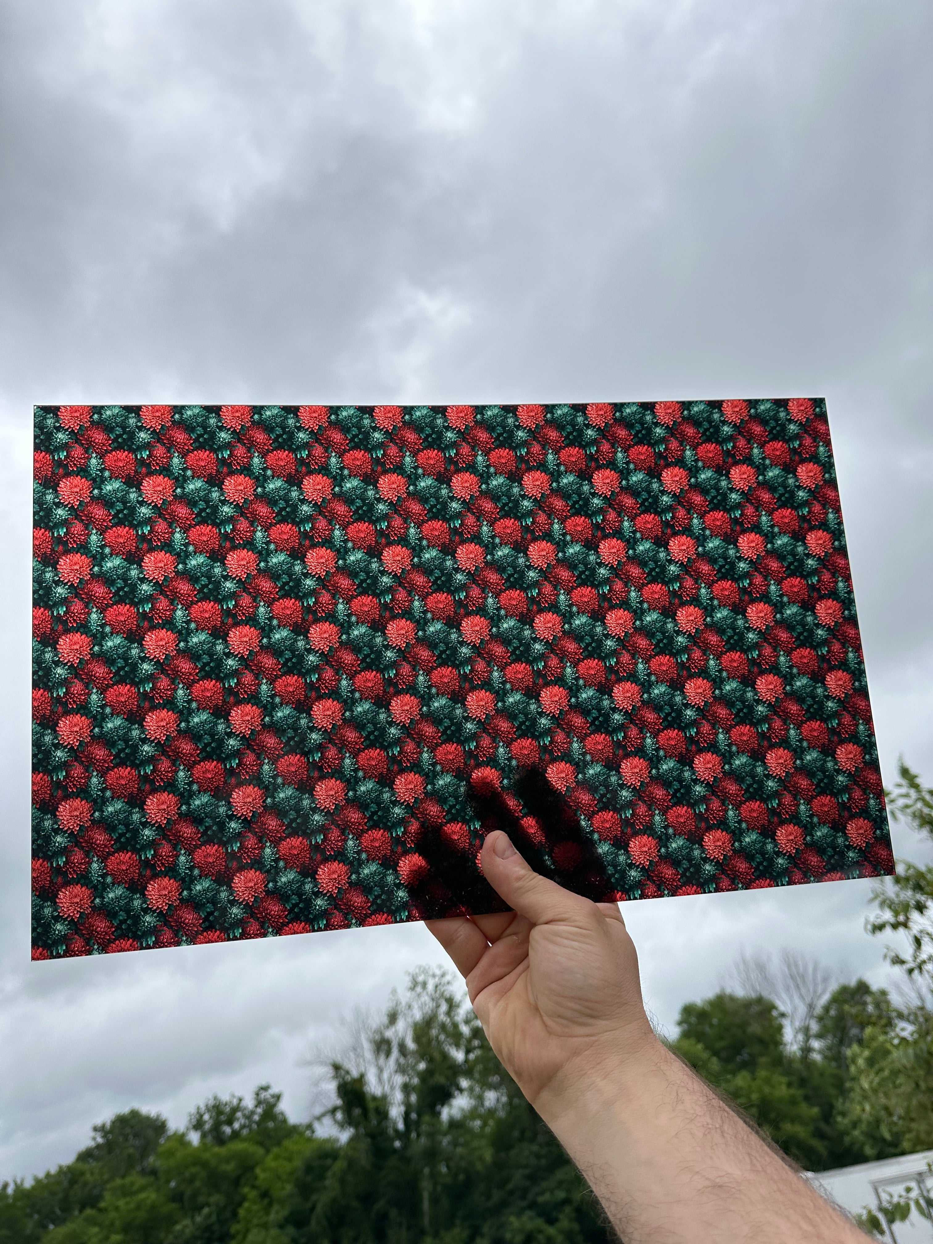 PatternPly® Transparent Red and Green Christmas Mums sheet showing the pattern