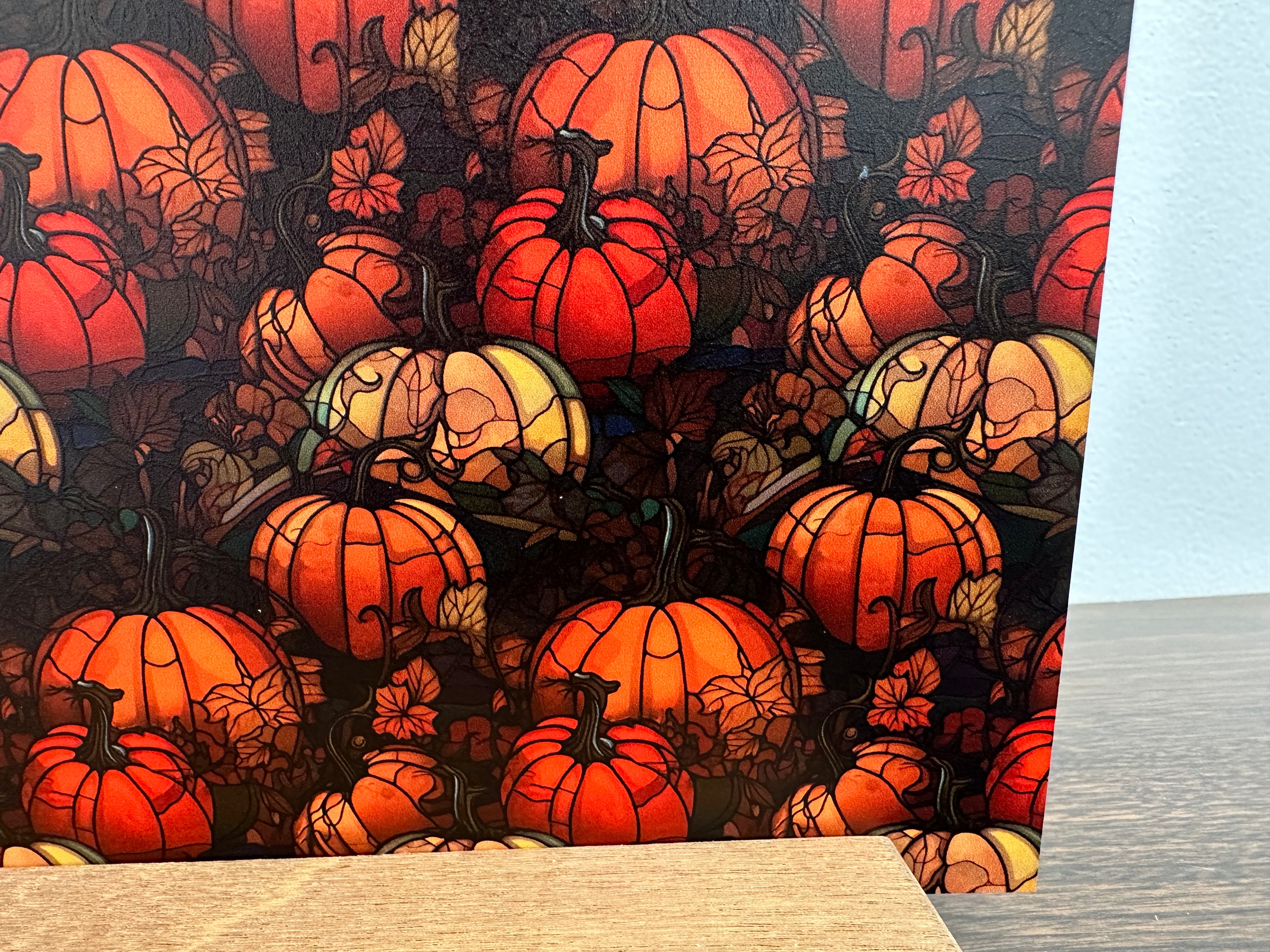 PatternPly® Full Coverage Stained Glass Pumpkin Patch sheet showing the pattern