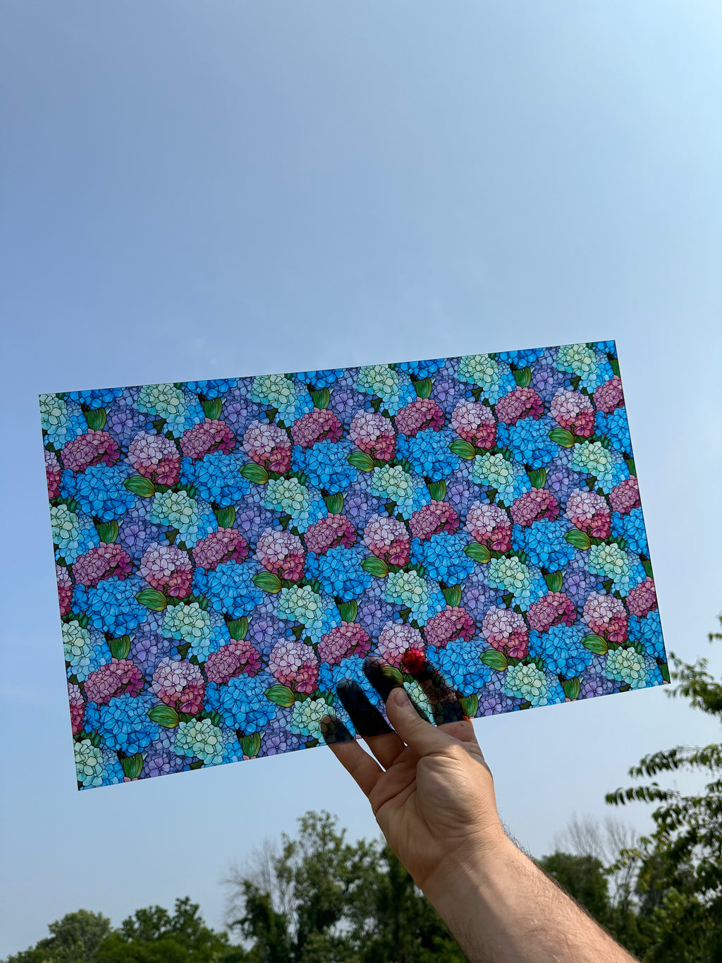 PatternPly® Transparent Pastel Hydrangeas Stained Glass sheet showing the pattern
