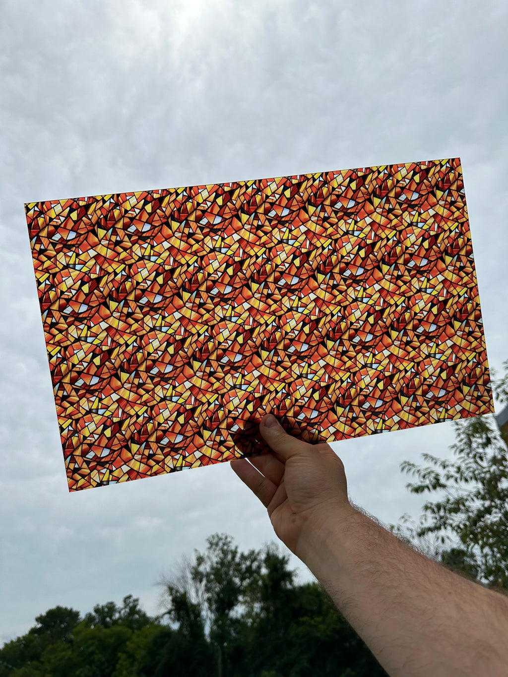 PatternPly® Transparent Abstract Candy Corn Stained Glass sheet showing the pattern