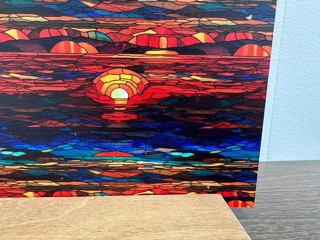 PatternPly® Full Coverage Stained Glass Sunset sheet showing the pattern