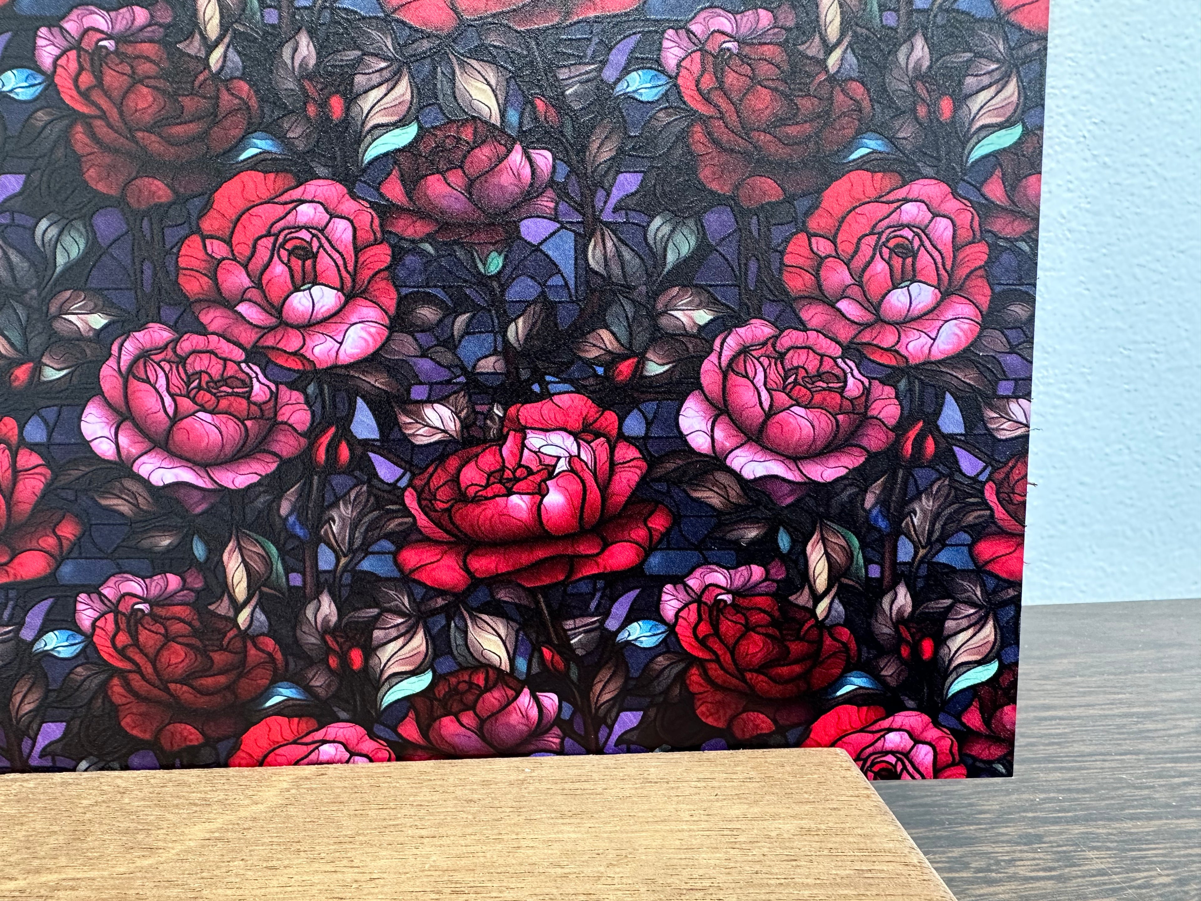 PatternPly® Full Coverage Stained Glass Roses sheet showing the pattern