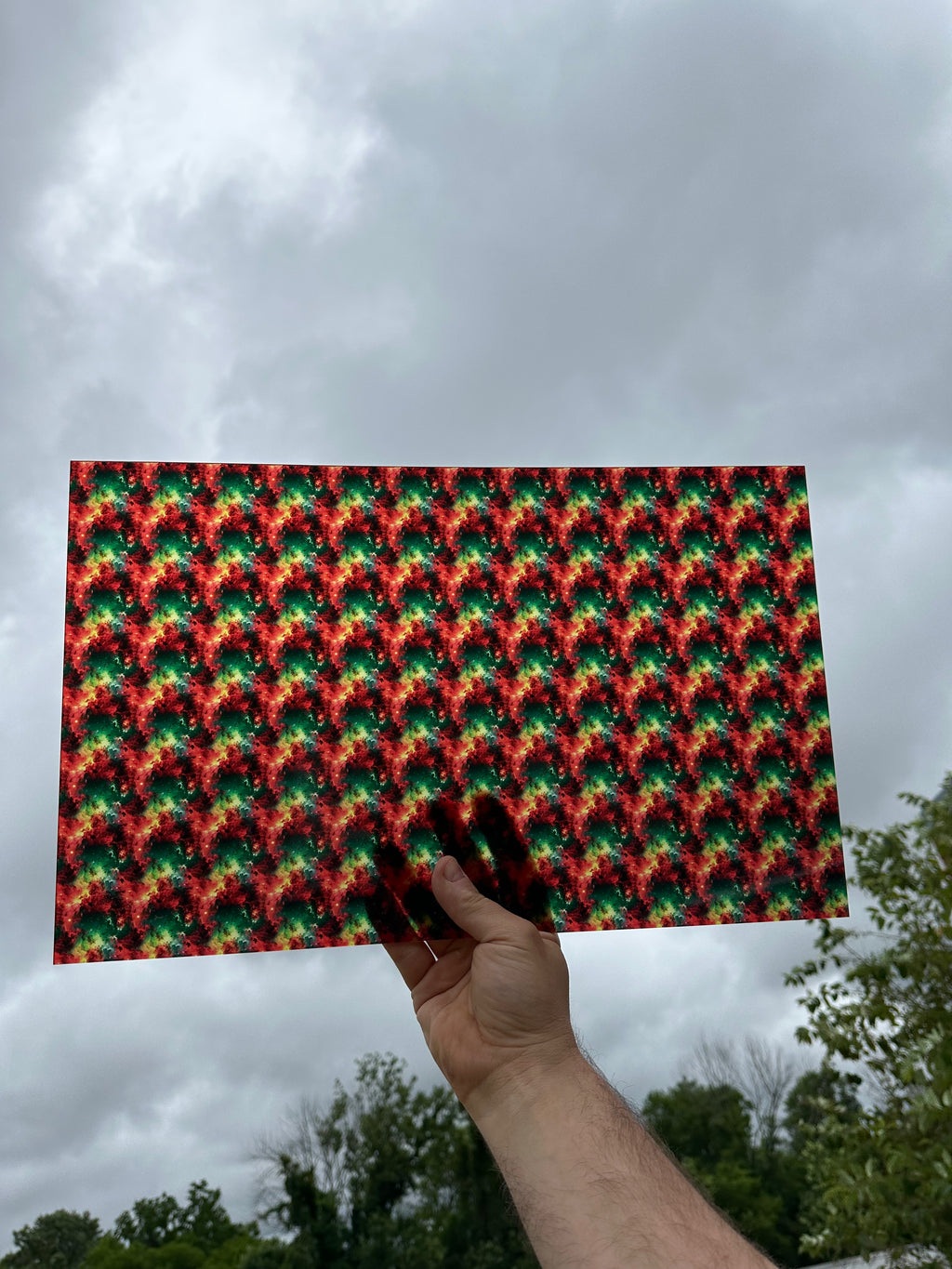 PatternPly® Transparent Green, Yellow, and Red Christmas Galaxy sheet showing the pattern