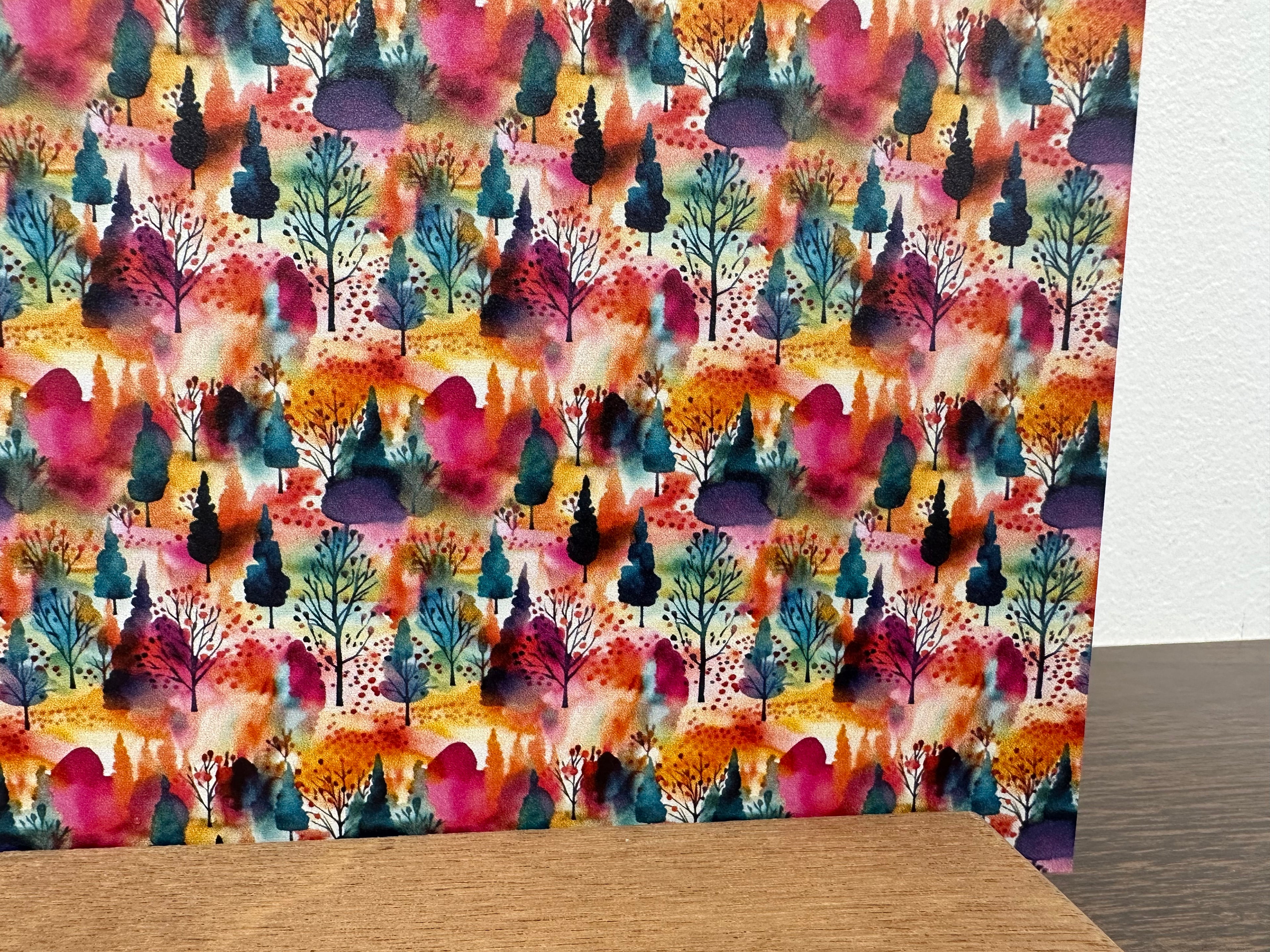 PatternPly® Full Coverage Jewel Tone Watercolor Trees sheet showing the pattern