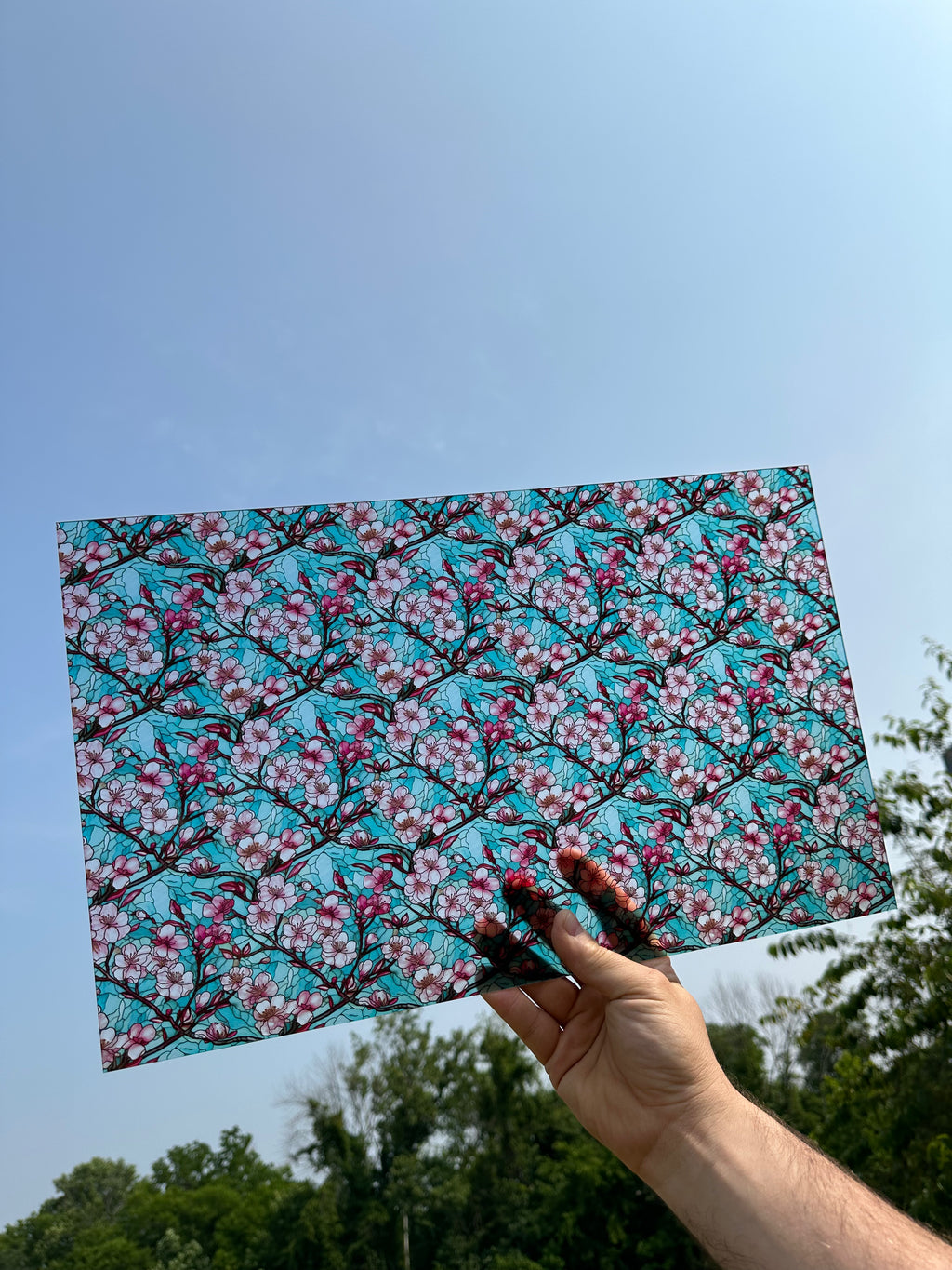 PatternPly® Transparent Cherry Blossoms Stained Glass sheet showing the pattern