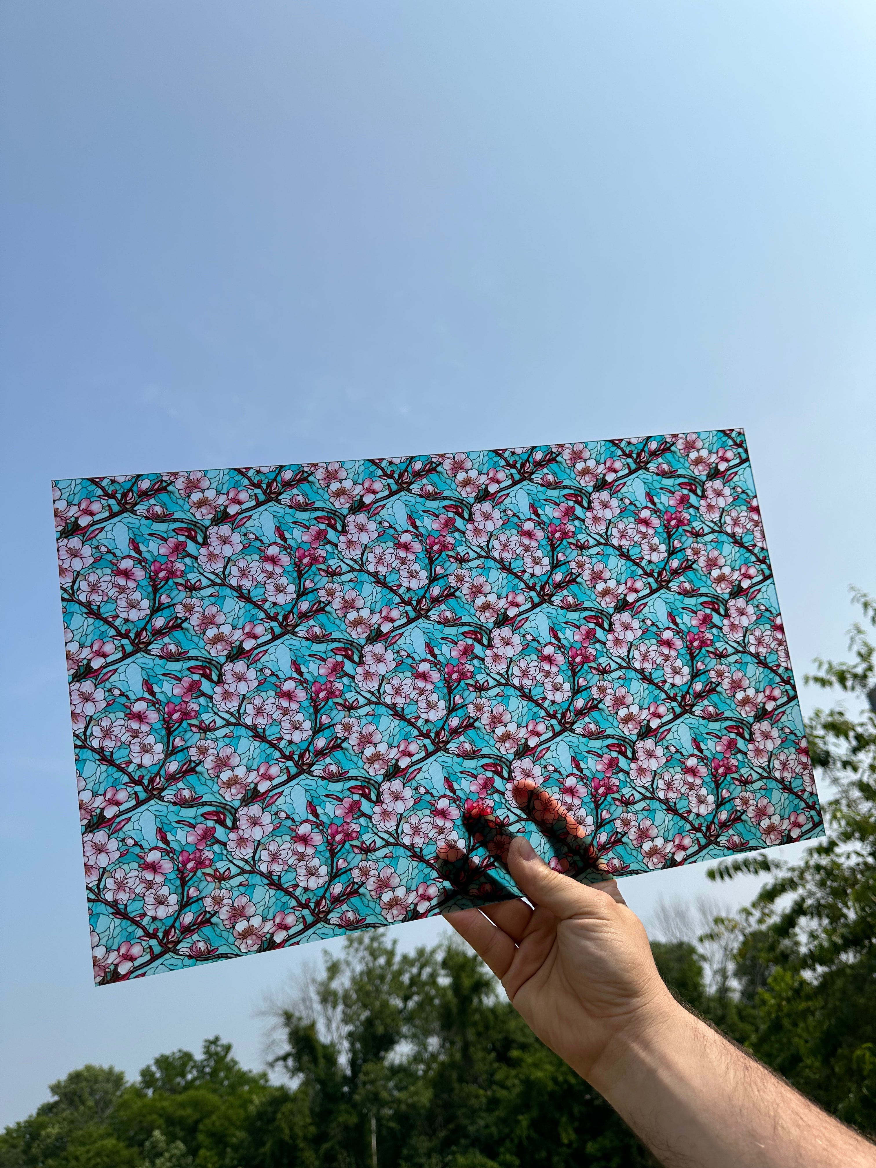 PatternPly® Transparent Cherry Blossoms Stained Glass sheet showing the pattern
