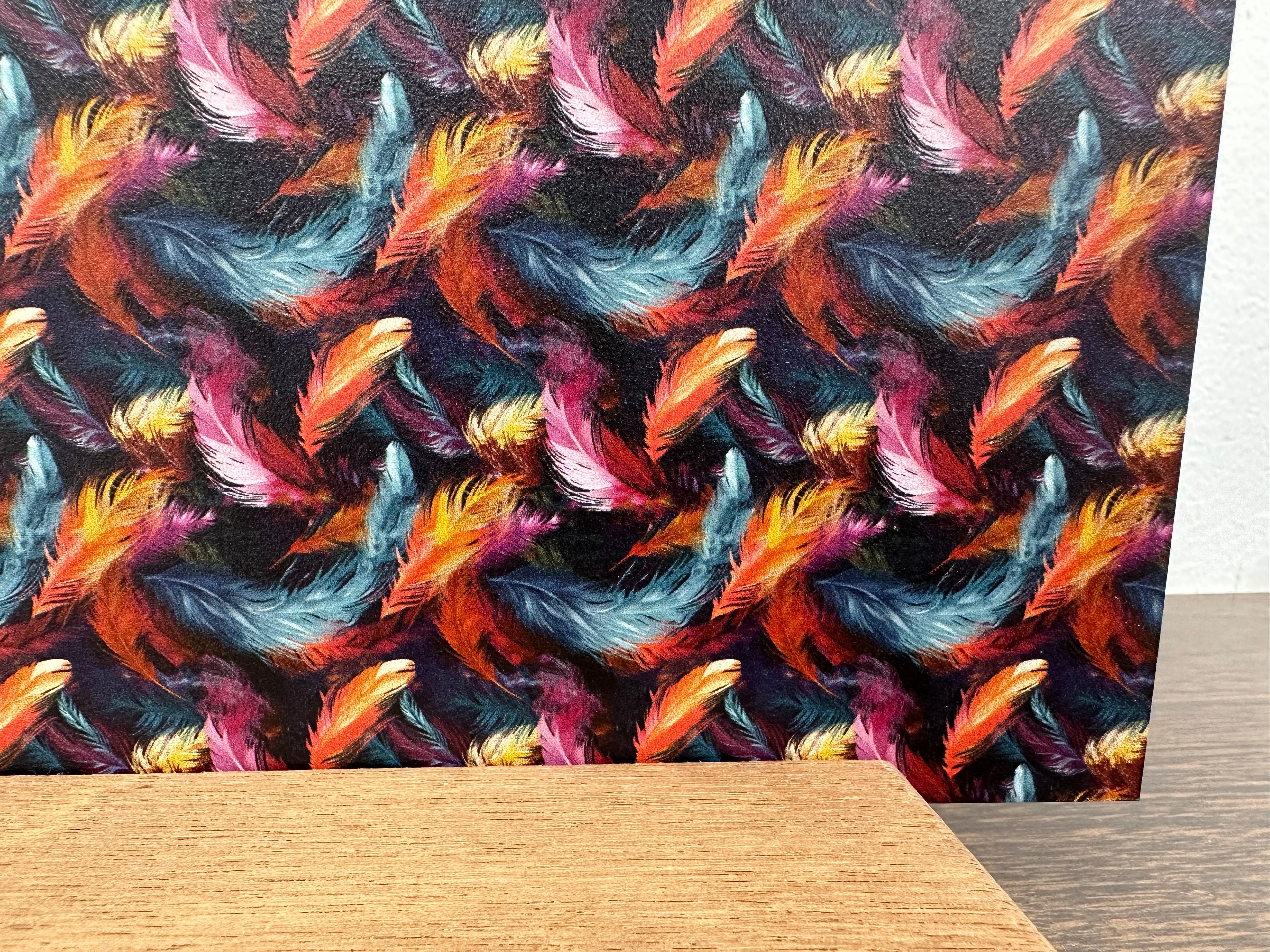 PatternPly® Full Coverage Jewel Tone Feathers sheet showing the pattern