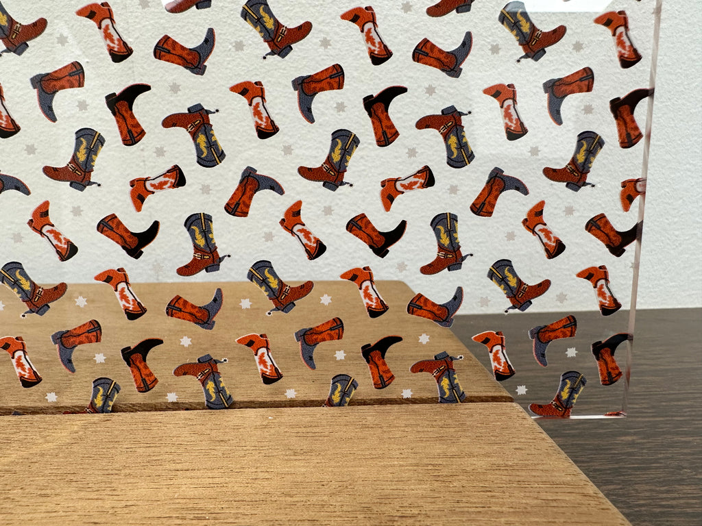 PatternPly® Scattered Cowboy Boots sheet showing the pattern