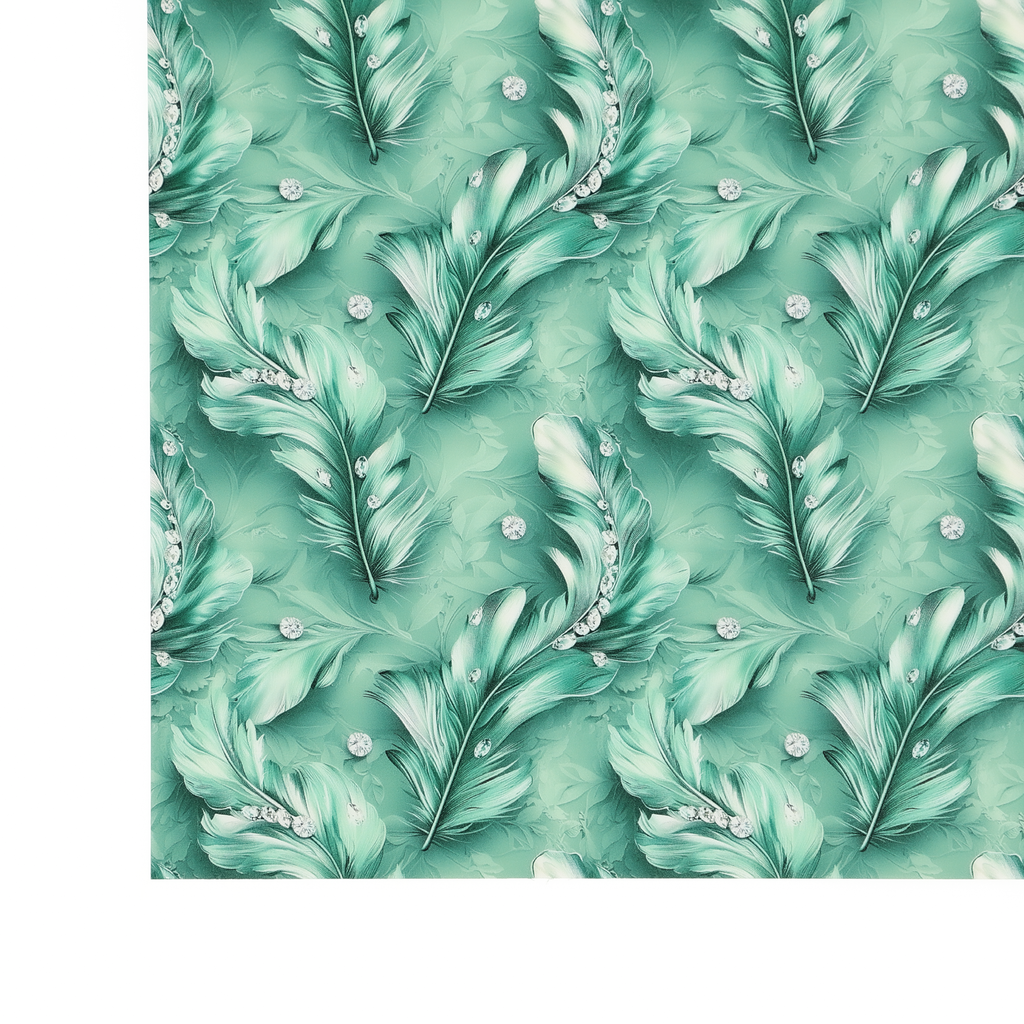 PatternPly® Full Coverage Feathers and Bling Mint sheet showing the pattern