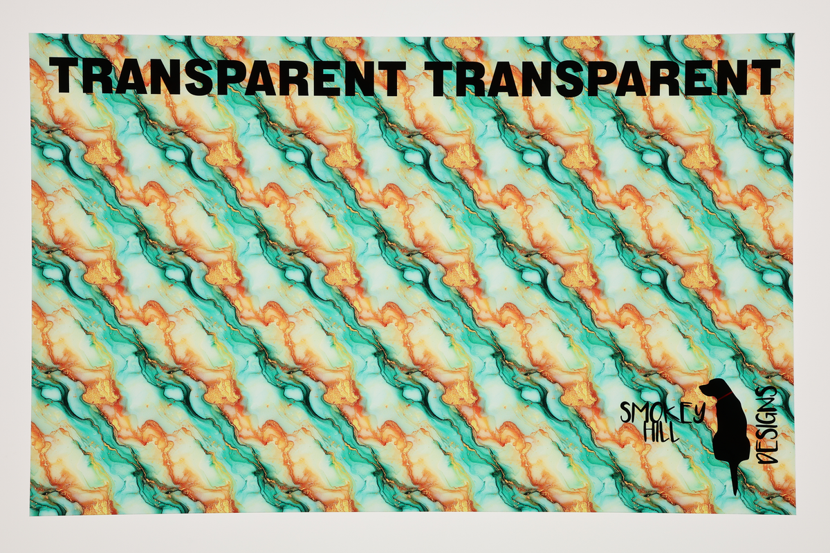 PatternPly® Transparent Orange and Mint Glitter Swirl sheet showing the pattern