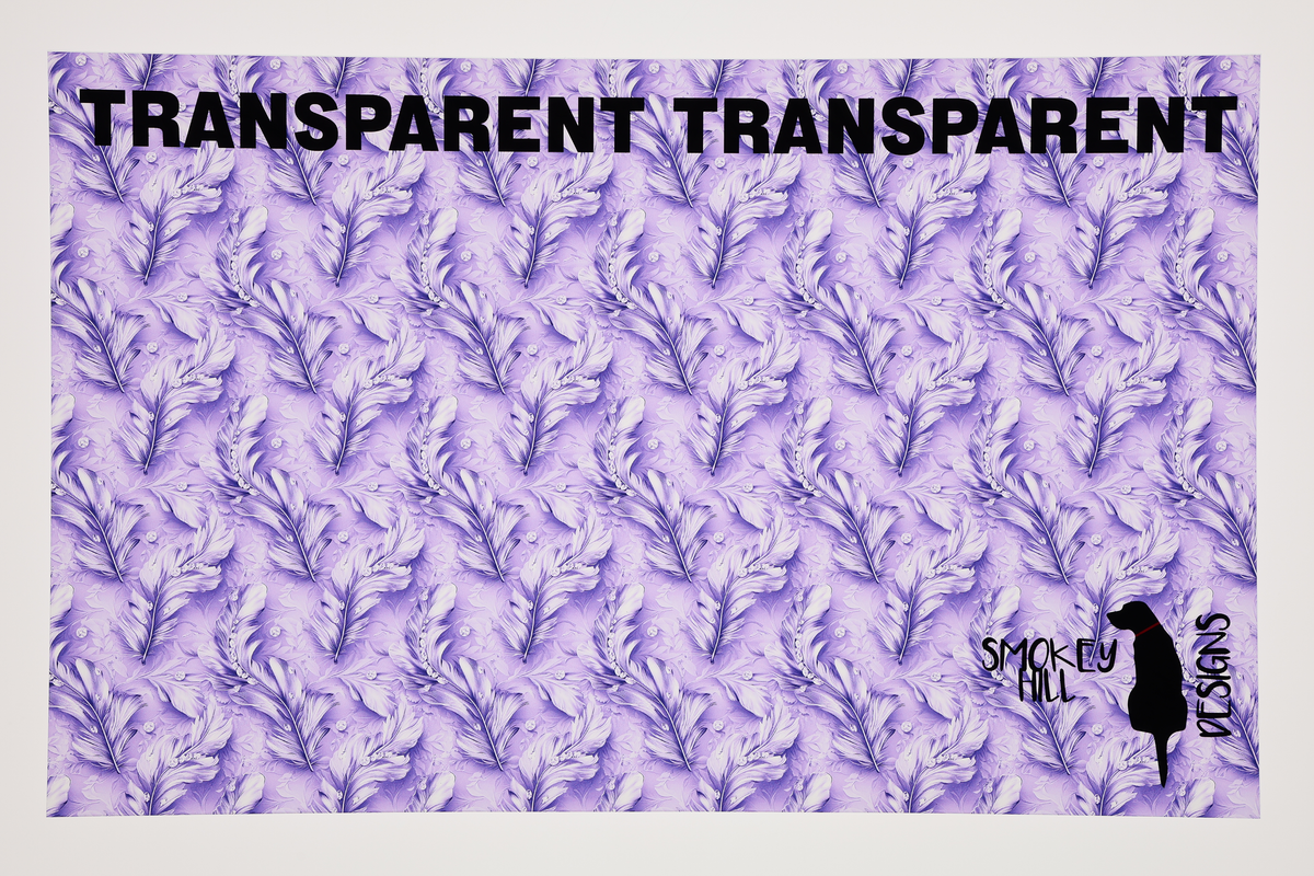 PatternPly® Transparent Feathers and Bling Purple sheet showing the pattern