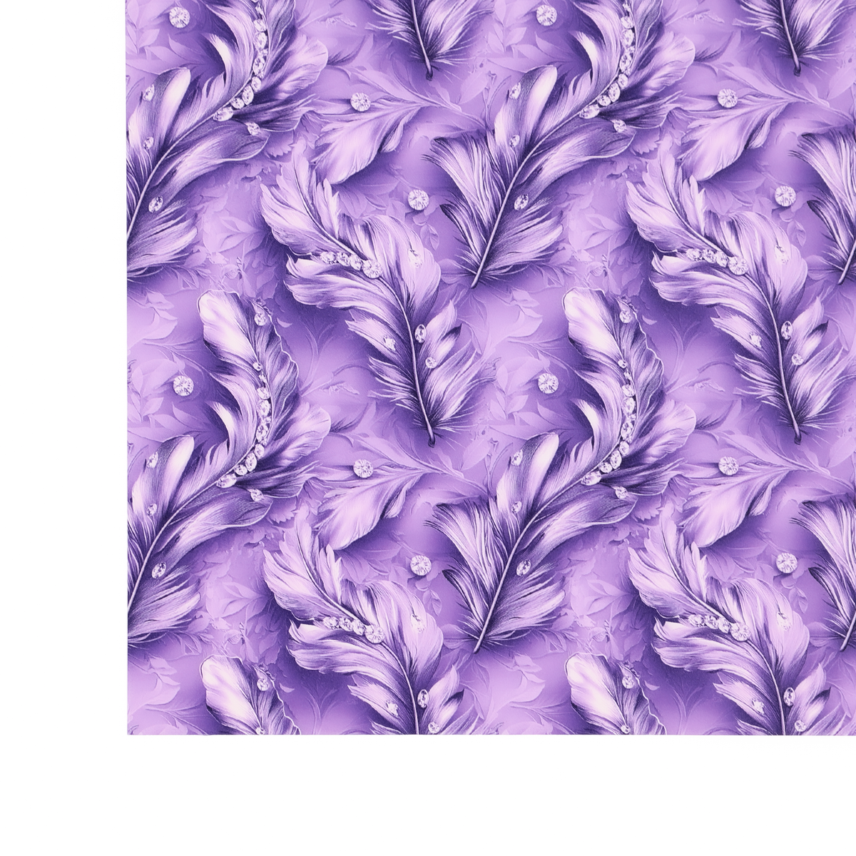 PatternPly® Full Coverage Feathers and Bling Purple sheet showing the pattern