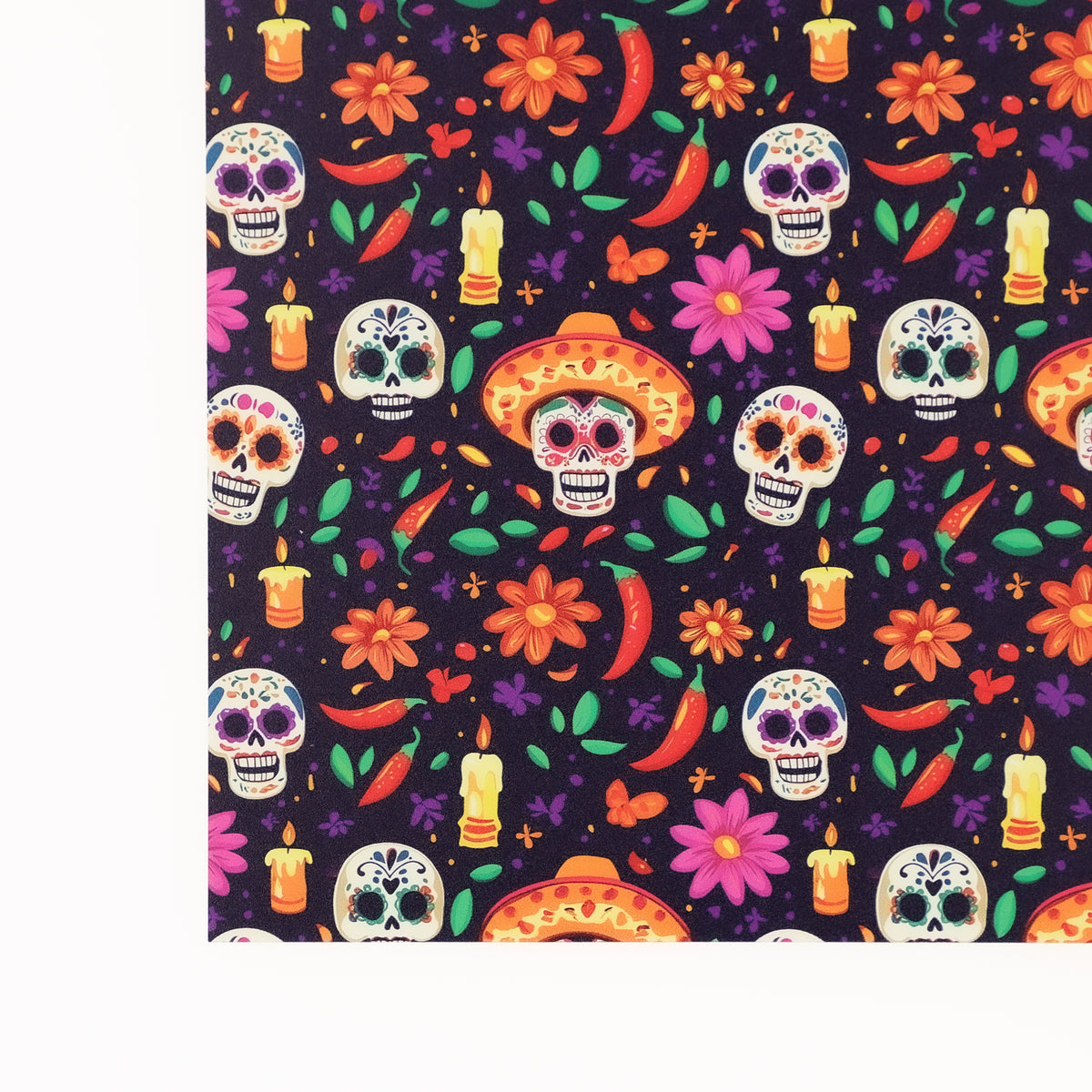 PatternPly® Full Coverage Purple Dia de Los Muertos sheet showing the pattern