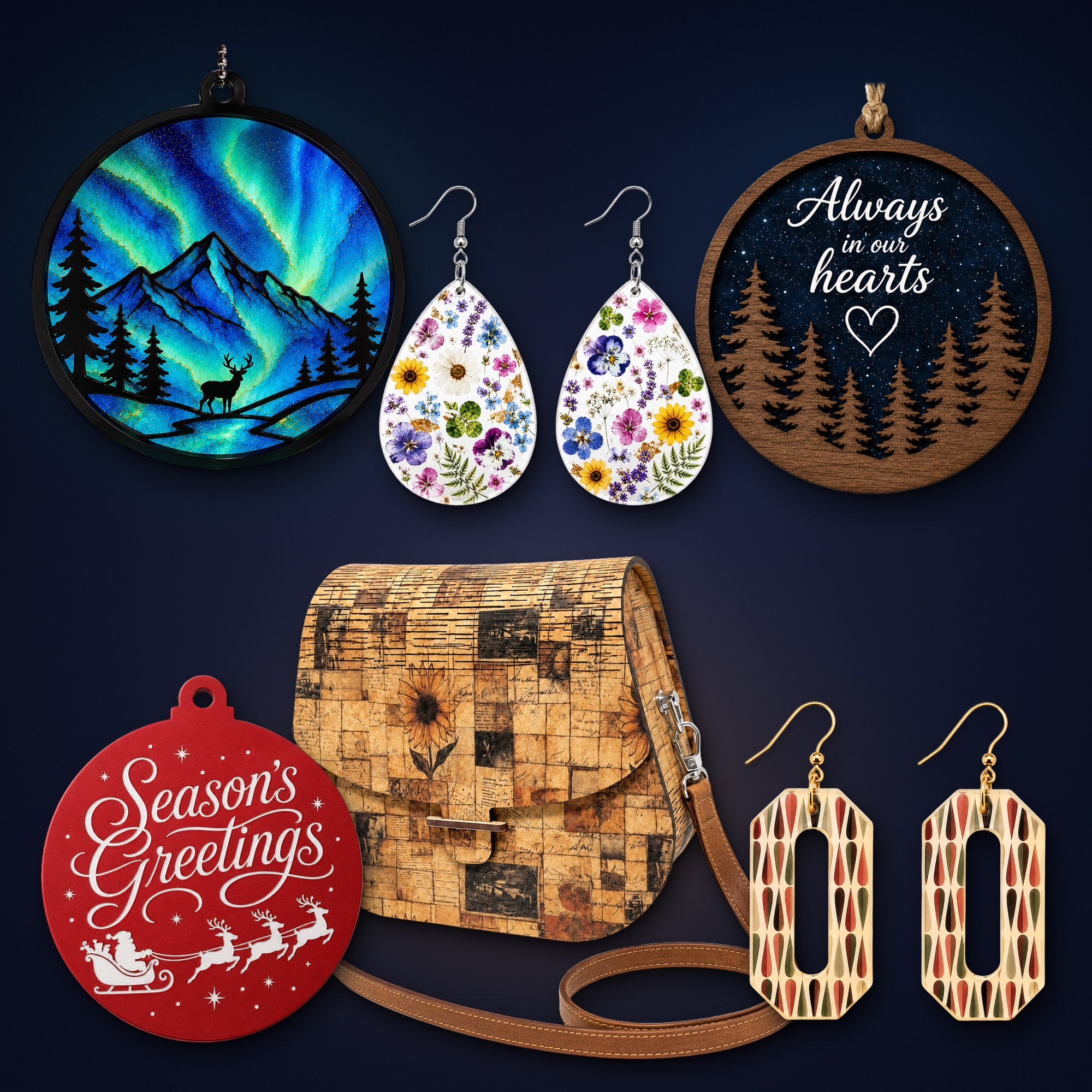 Handmade projects: aurora suncatcher ornament, floral earrings, Always in our hearts ornament, Season's Greetings ornament, cork crossbody bag and geometric earrings