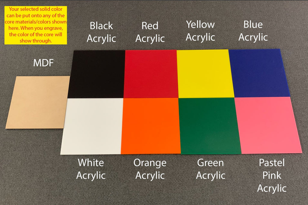 PatternPly® solid color samples on MDF and black, white, red, yellow, blue, orange, green and pink acrylic