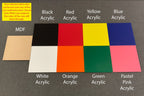 PatternPly® solid color samples on MDF and black, white, red, yellow, blue, orange, green and pink acrylic