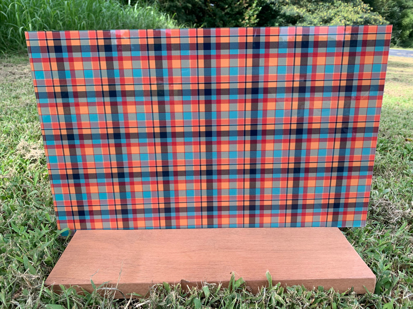 PatternPly® Acrylic Orange and Blue Plaid, Two Sided on Clear