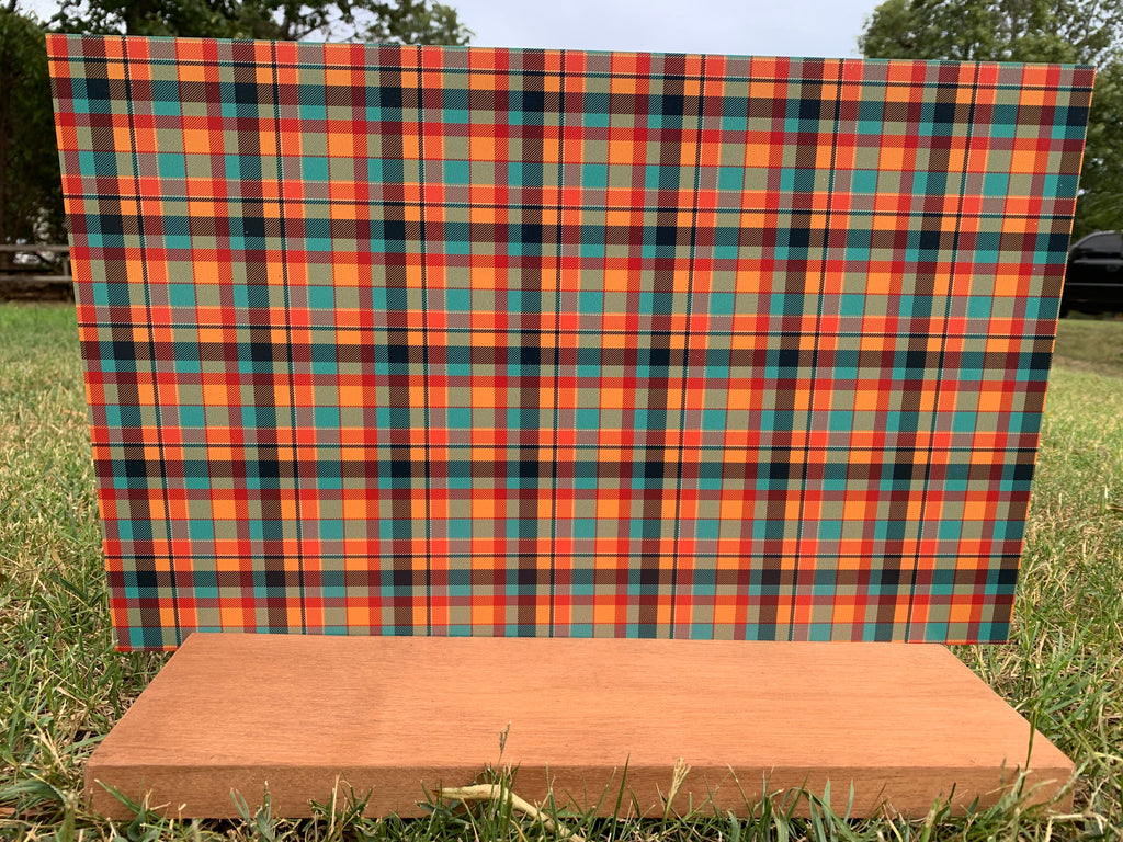 PatternPly® Full Coverage Orange and Blue Plaid sheet showing the pattern