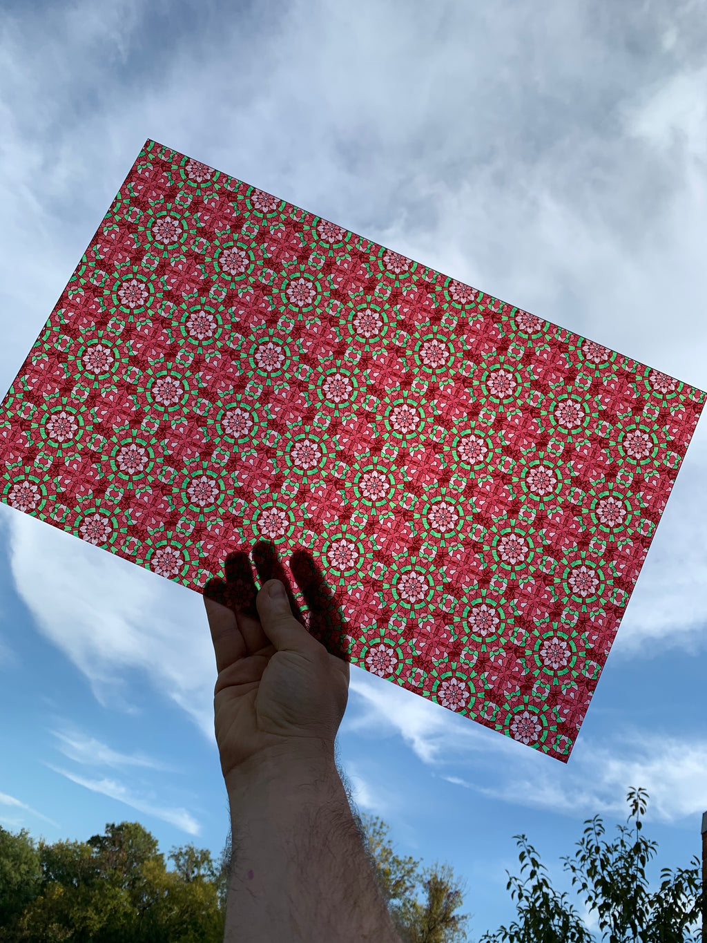 PatternPly® Transparent Christmas Stained Glass Pink sheet showing the pattern