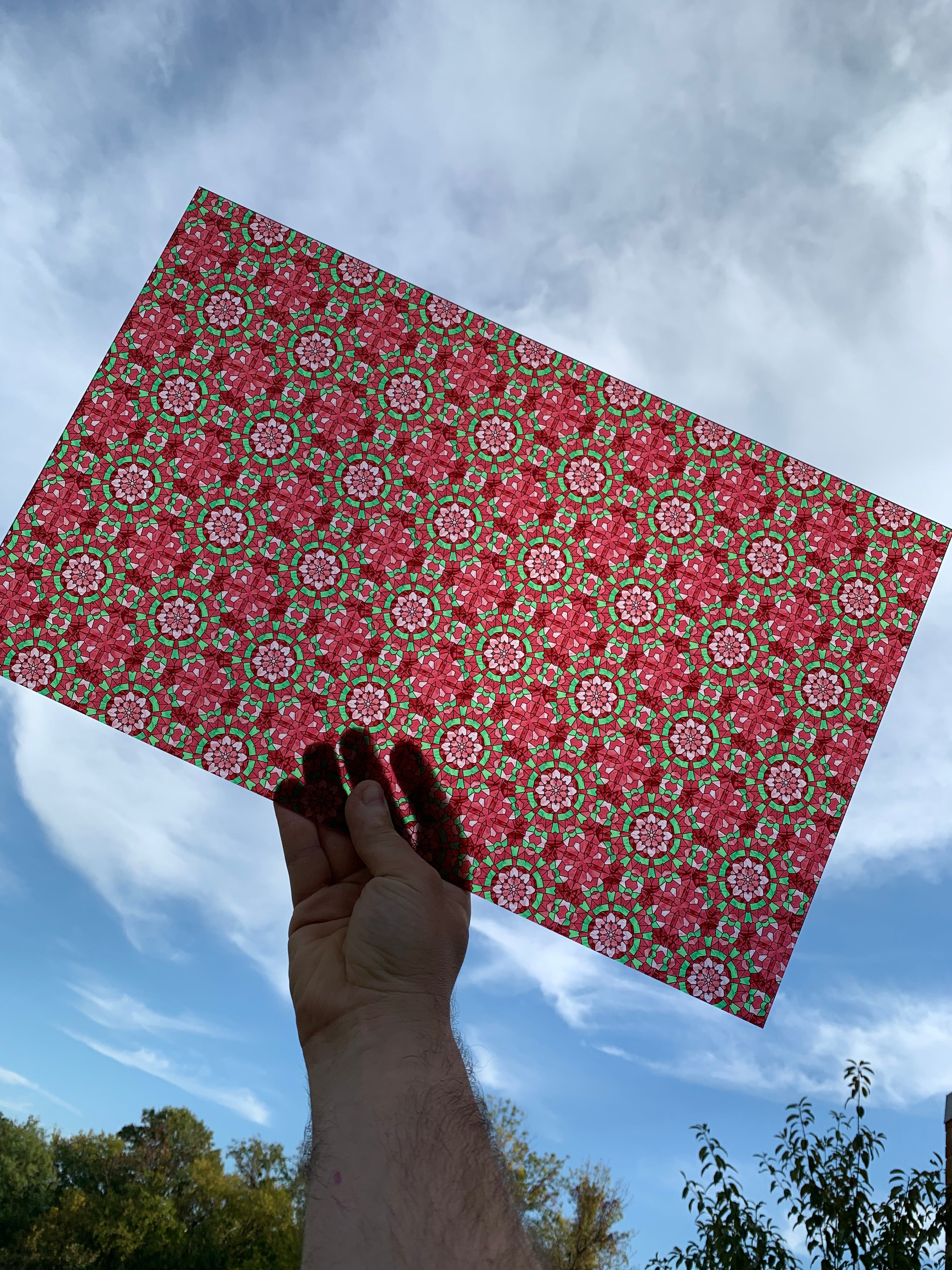 PatternPly® Transparent Christmas Stained Glass Pink sheet showing the pattern