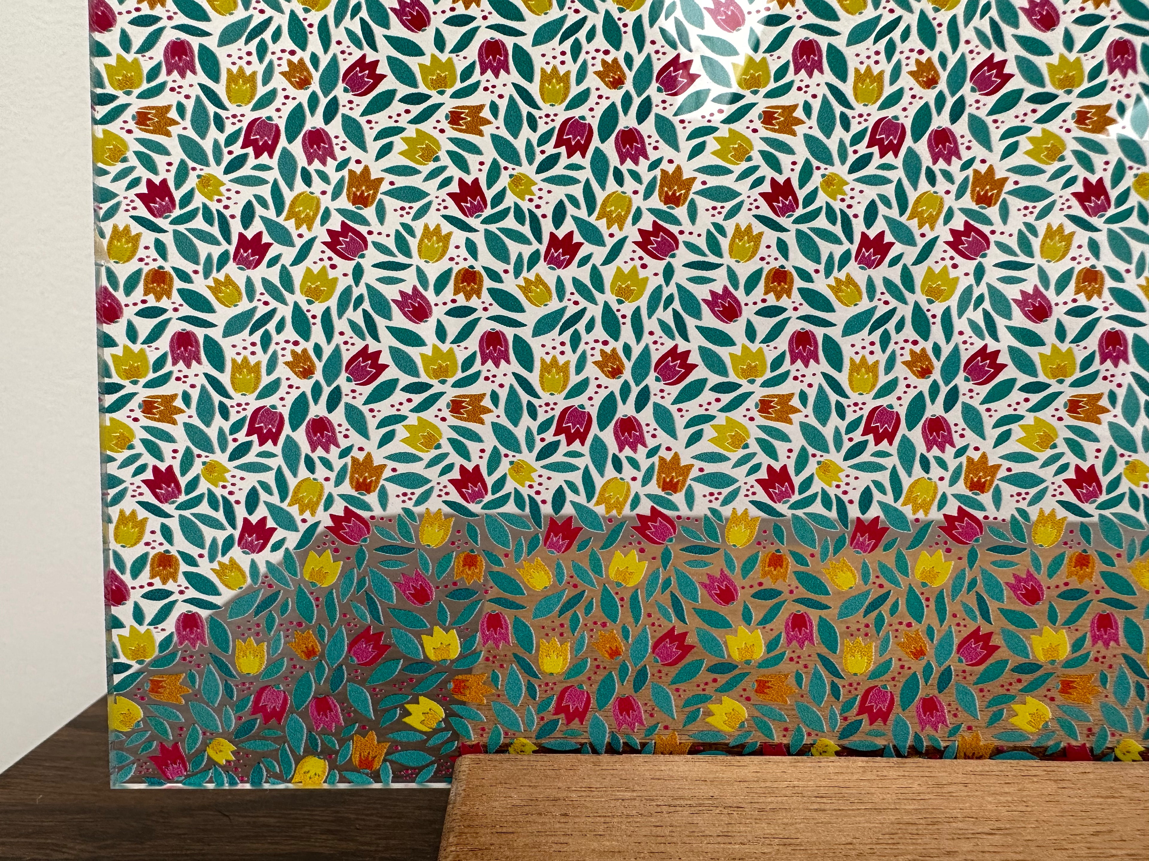 PatternPly® Scattered Pink, Orange, and Yellow Cartoon Tulips sheet showing the pattern