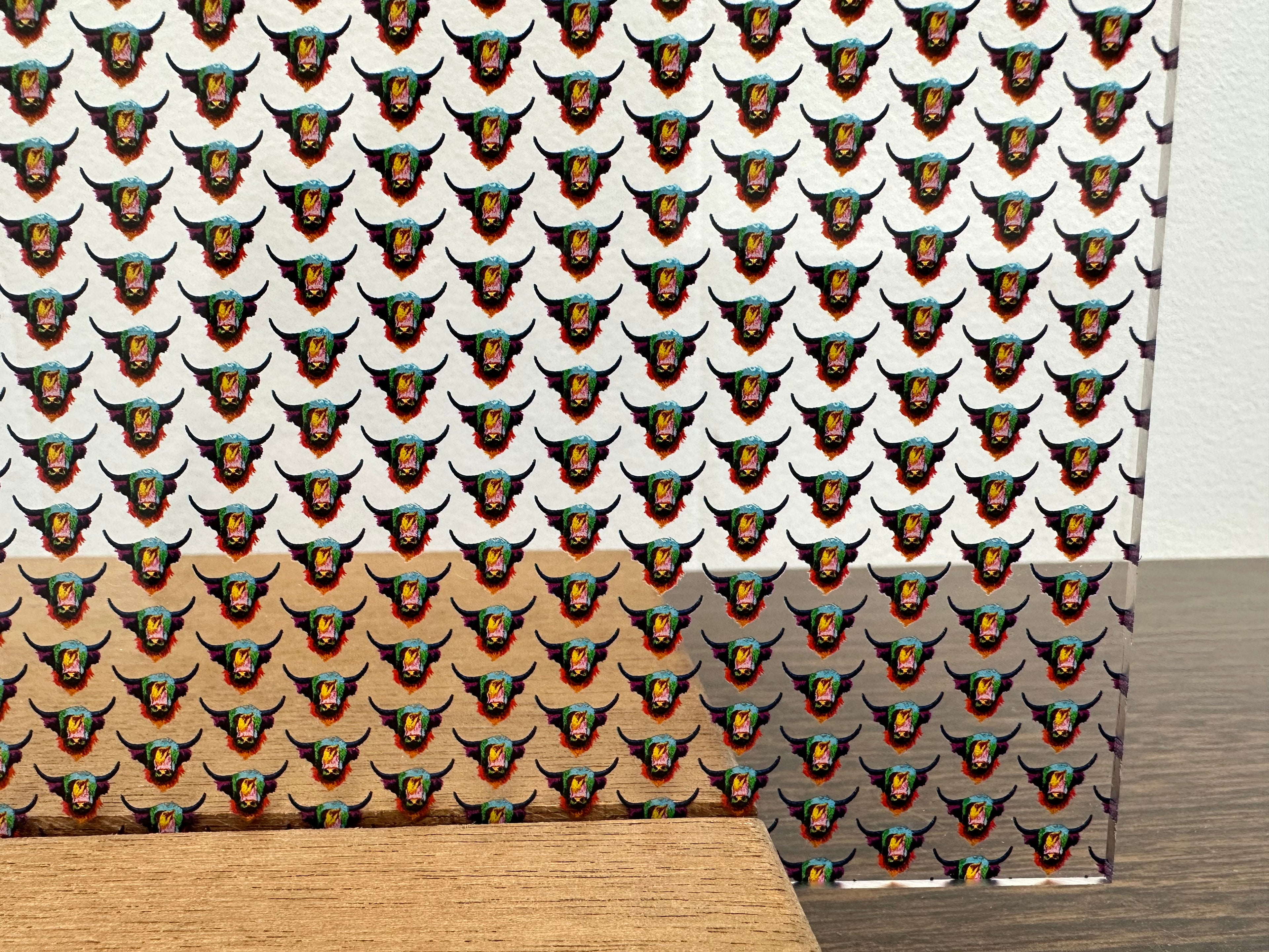 PatternPly® Scattered Rainbow Highland Cows sheet showing the pattern