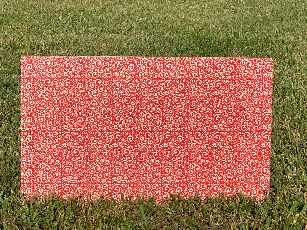 PatternPly® Full Coverage Red and White Christmas Scrolls sheet showing the pattern