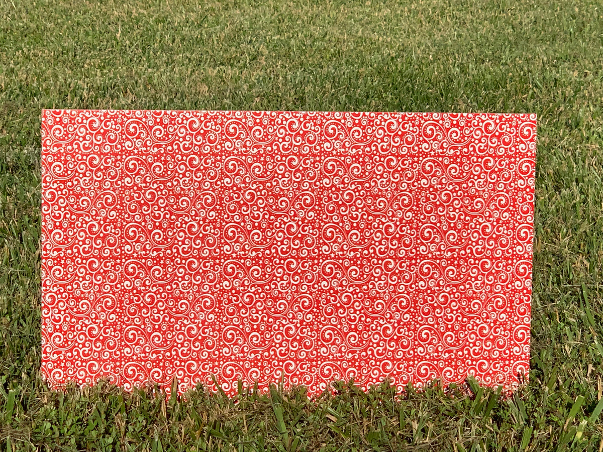PatternPly® Full Coverage Red and White Christmas Scrolls sheet showing the pattern