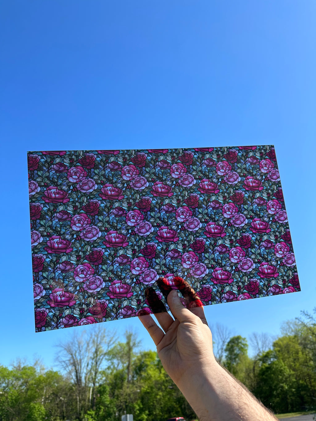 PatternPly® Transparent Stained Glass Roses sheet showing the pattern