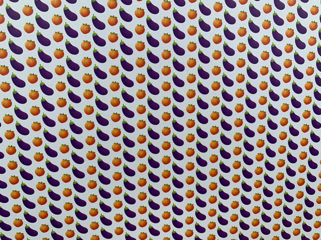 PatternPly® Full Coverage Eggplants and Peaches sheet showing the pattern