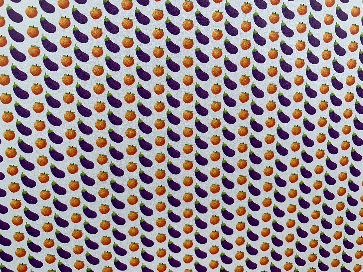 PatternPly® Full Coverage Eggplants and Peaches sheet showing the pattern