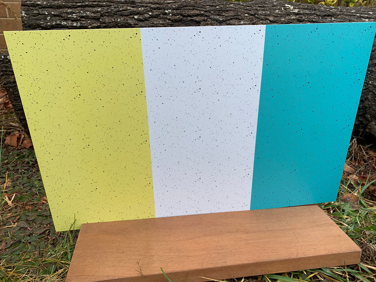 PatternPly® Full Coverage Yellow, White, and Blue Speckled Egg Trio sheet showing the pattern