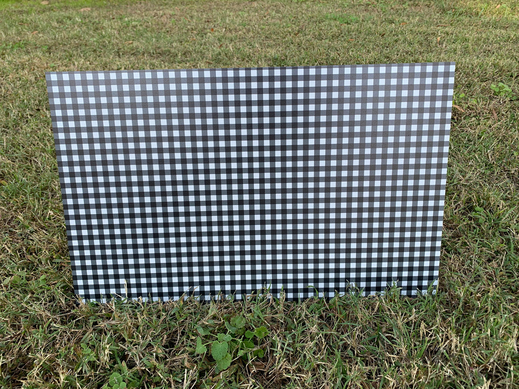 PatternPly® Full Coverage Black and White Buffalo Plaid sheet showing the pattern