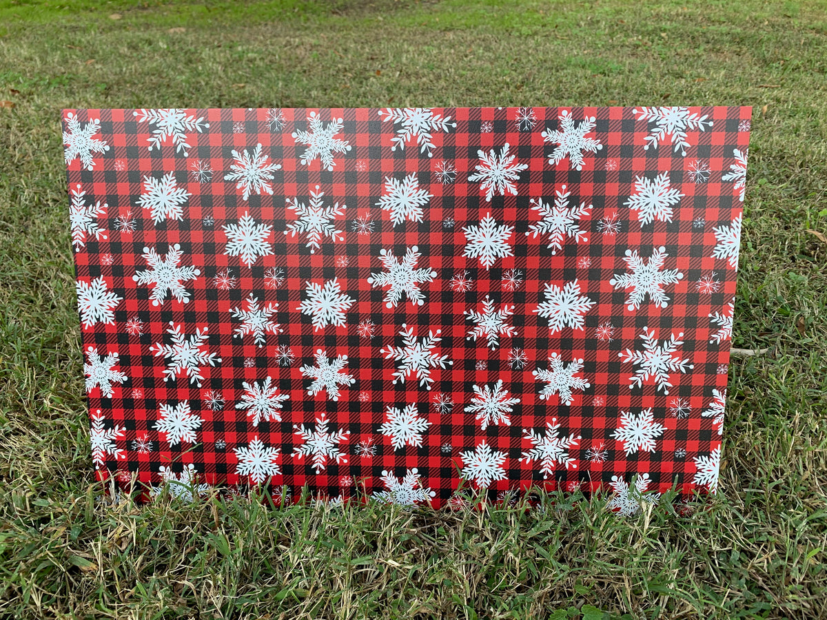 PatternPly® Full Coverage Red Snowflake Buffalo Plaid sheet showing the pattern